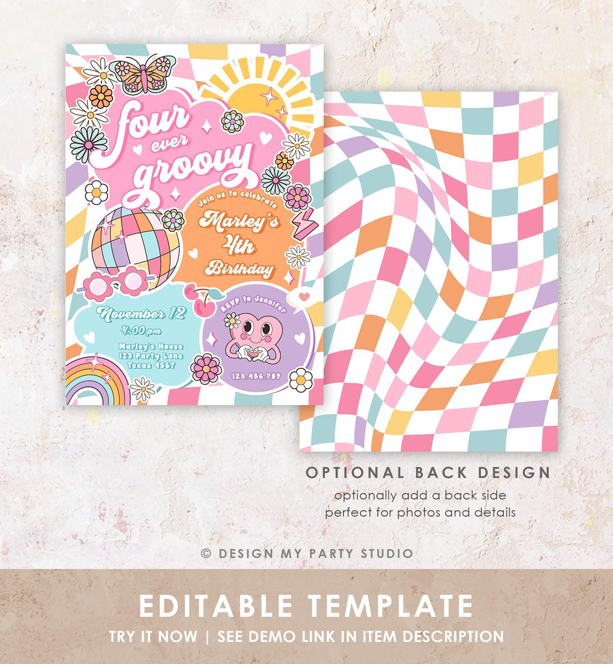 Editable Four Ever Groovy 4th Birthday Party Invitation Groovy Hippie Peace Preppy Varsity Disco Digital Evite Template Printable 0524