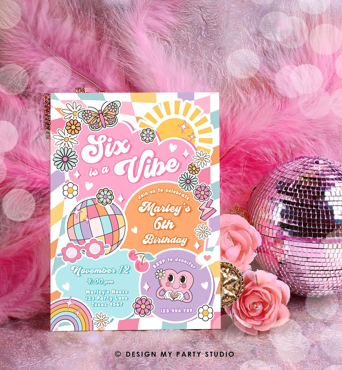 Editable Six is a Vibe Groovy 6th Birthday Party Invitation Groovy Hippie Peace Preppy Varsity Disco Digital Evite Template Printable 0524