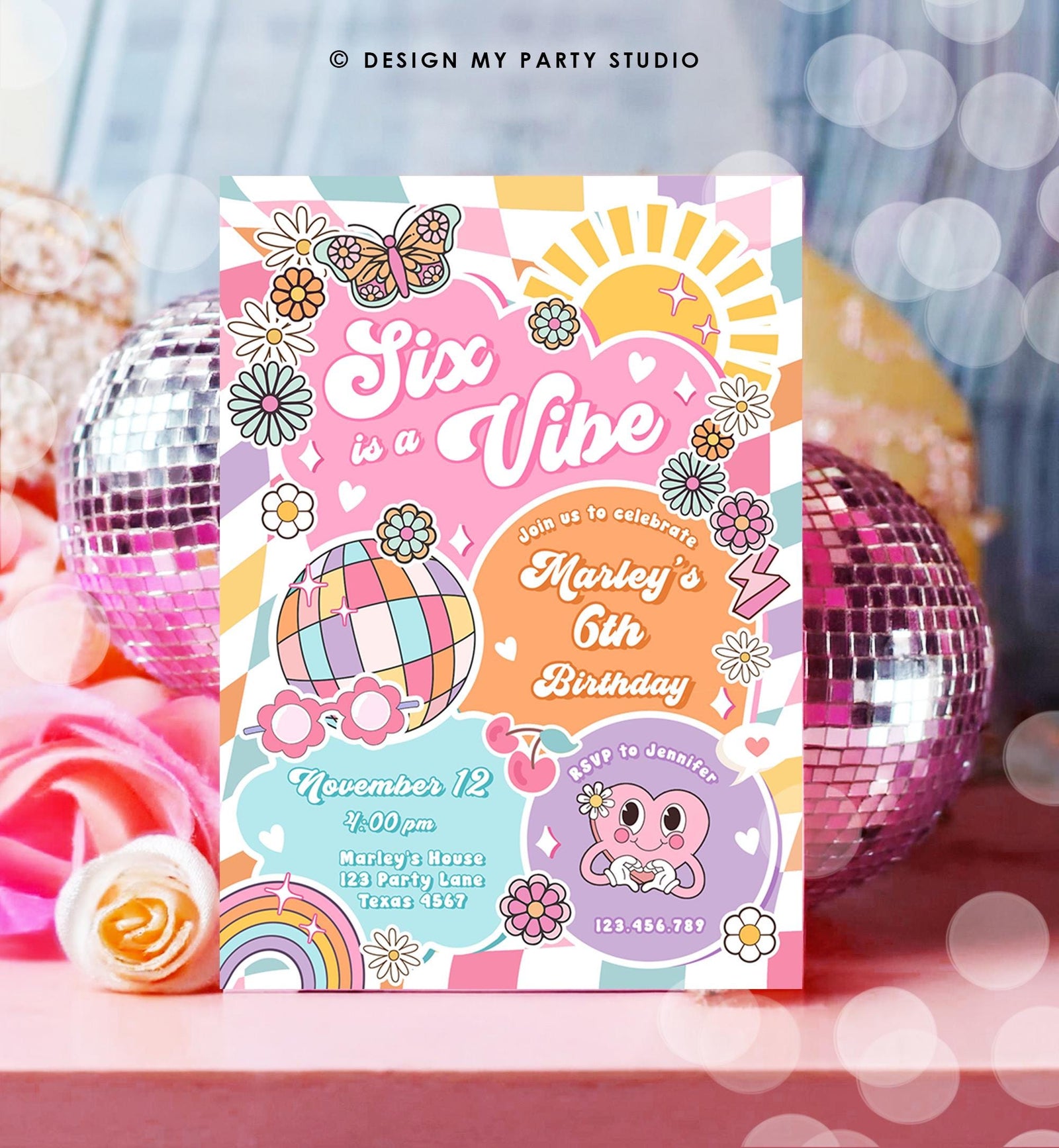 Editable Six is a Vibe Groovy 6th Birthday Party Invitation Groovy Hippie Peace Preppy Varsity Disco Digital Evite Template Printable 0524