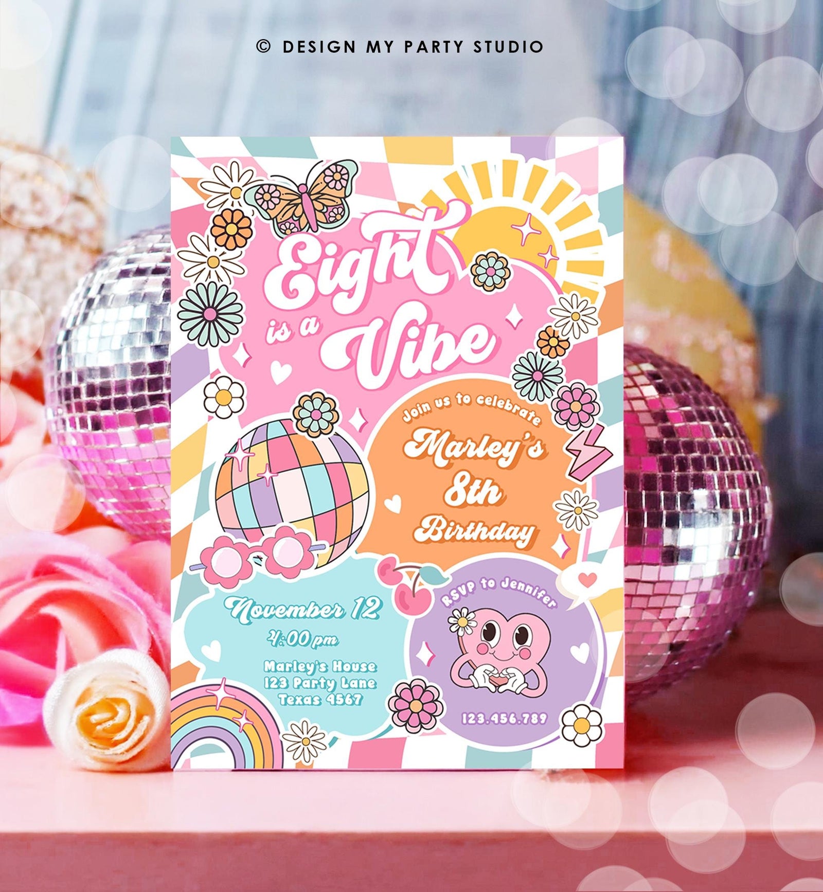 Editable Eight is a Vibe Groovy 8th Birthday Party Invitation Groovy Hippie Peace Preppy Varsity Disco Digital Evite Template Printable 0524