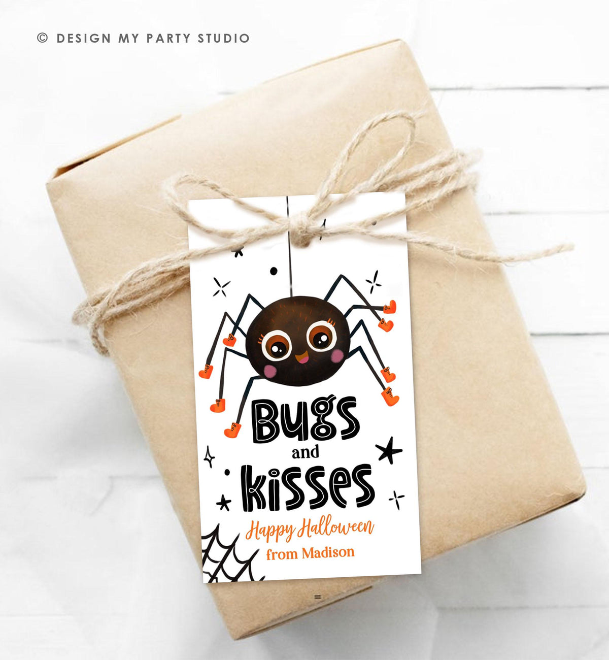 Editable Halloween Favor Tag Bugs and Kisses Gift Tag Costume Party Trick Or Treat Favor Tag Spider Download Printable Digital Template 0261