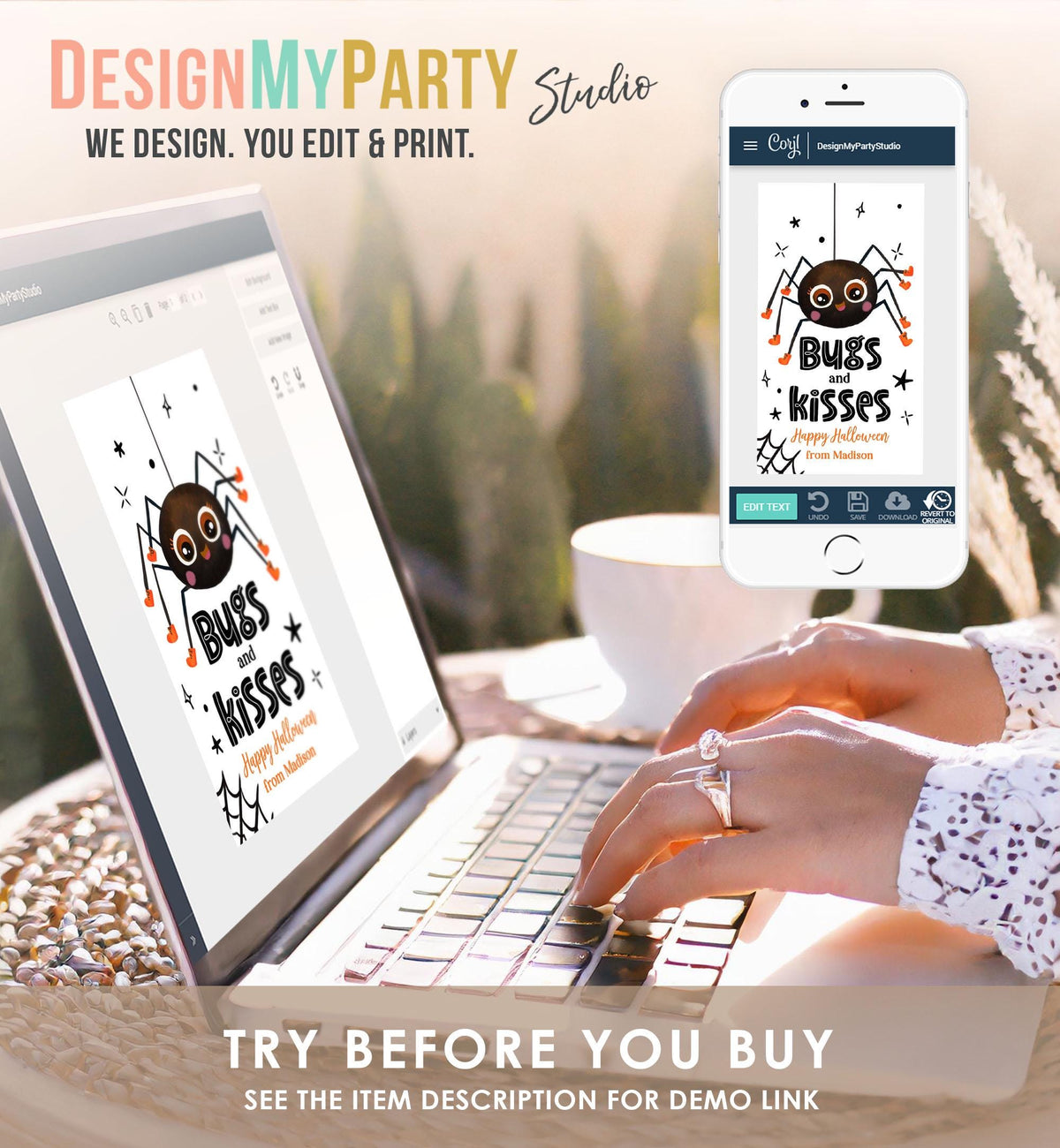 Editable Halloween Favor Tag Bugs and Kisses Gift Tag Costume Party Trick Or Treat Favor Tag Spider Download Printable Digital Template 0261