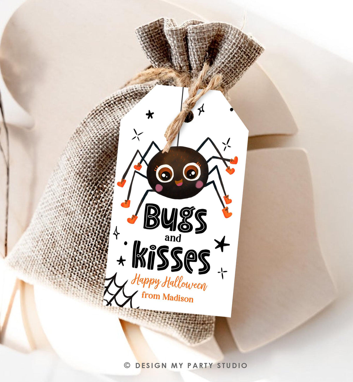 Editable Halloween Favor Tag Bugs and Kisses Gift Tag Costume Party Trick Or Treat Favor Tag Spider Download Printable Digital Template 0261