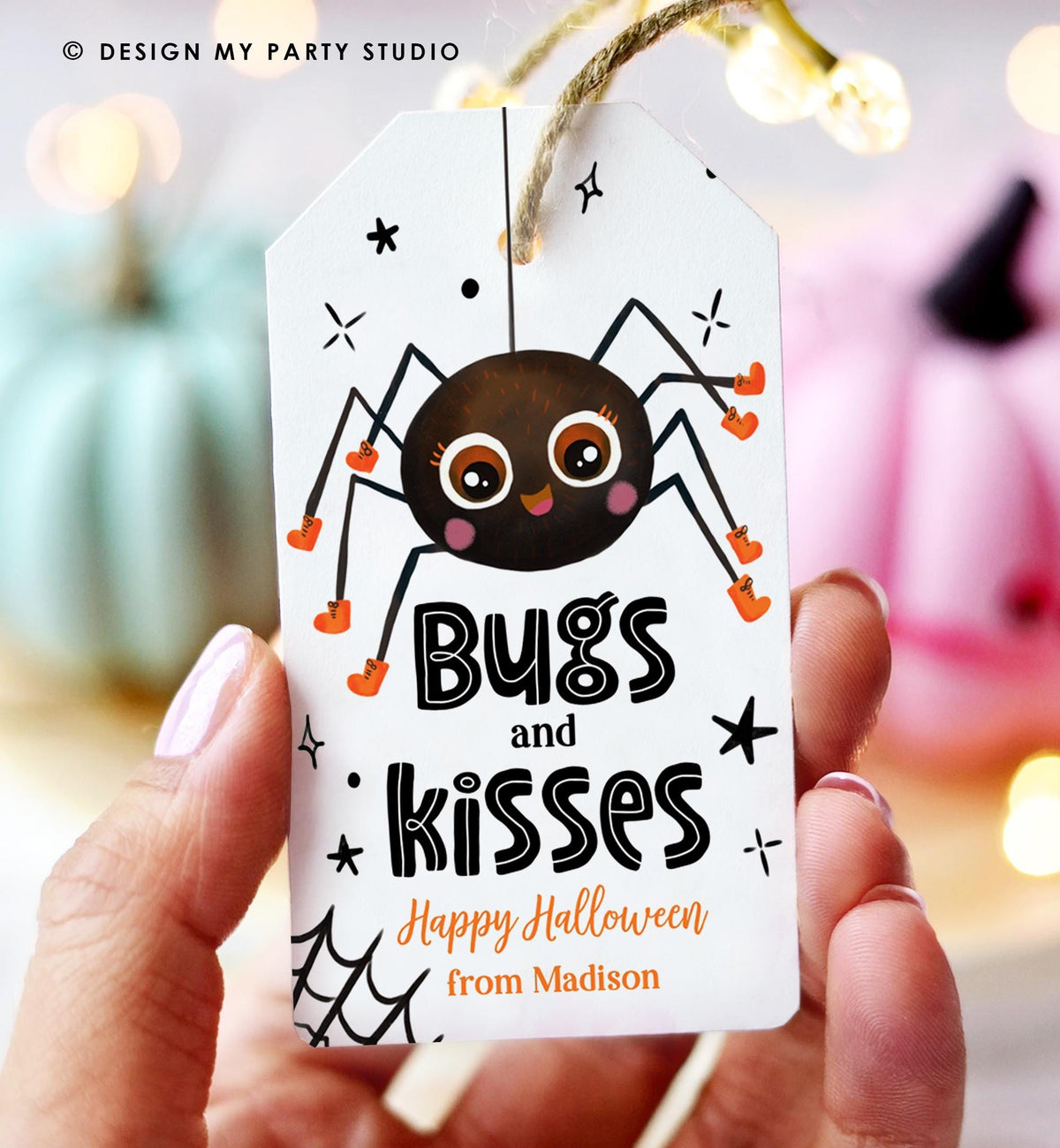 Editable Halloween Favor Tag Bugs and Kisses Gift Tag Costume Party Trick Or Treat Favor Tag Spider Download Printable Digital Template 0261