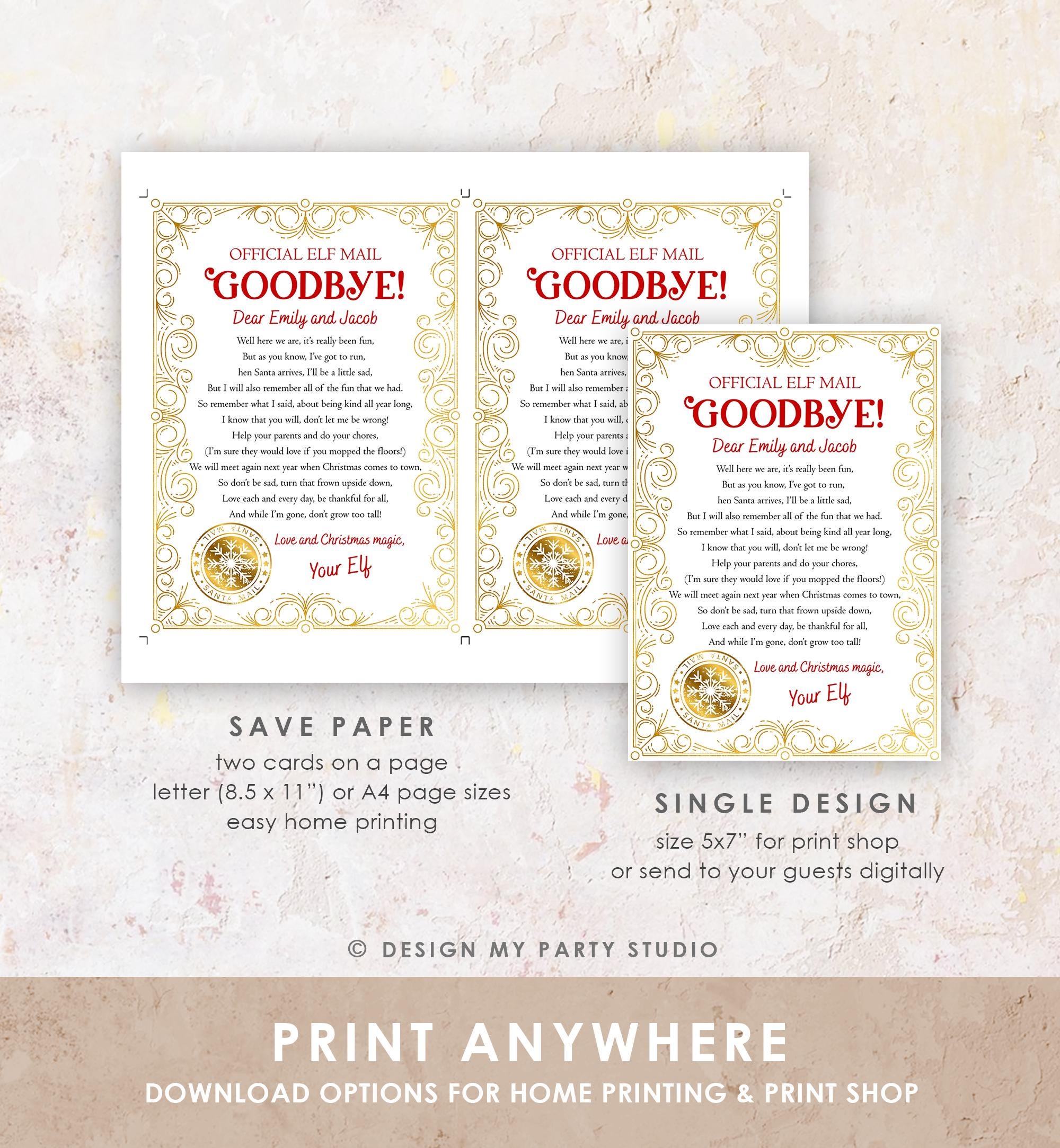 Editable Elf Goodbye Letter Departure Letter Christmas Goodbye from Your Elf Christmas Elf Santa Claus Poem Digital Template Printable 0523