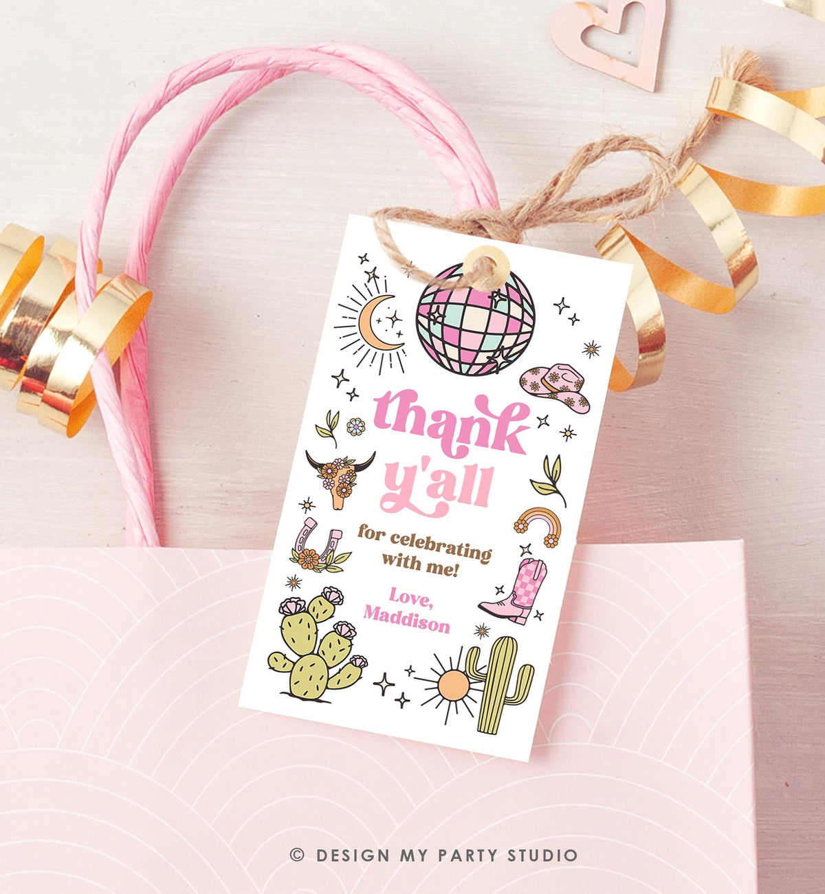 Editable Retro Cowgirl Birthday Favor Tag Nashville Party Gift Disco Pink Girl Rodeo Party Wild West Space Digital Template Printable 0519