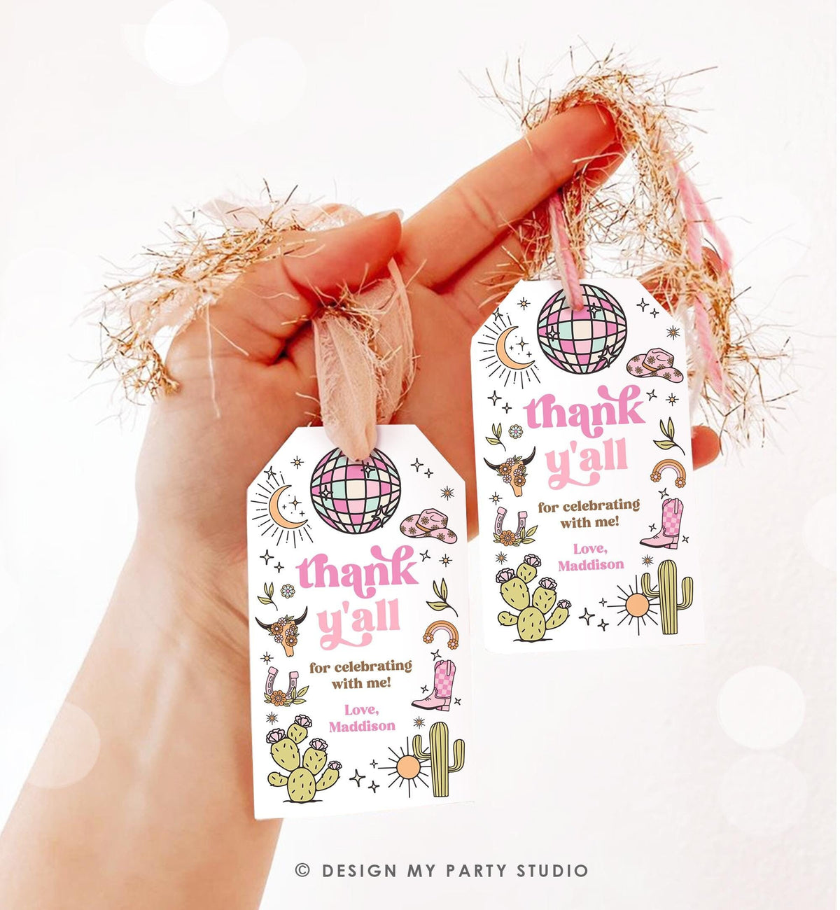 Editable Retro Cowgirl Birthday Favor Tag Nashville Party Gift Disco Pink Girl Rodeo Party Wild West Space Digital Template Printable 0519