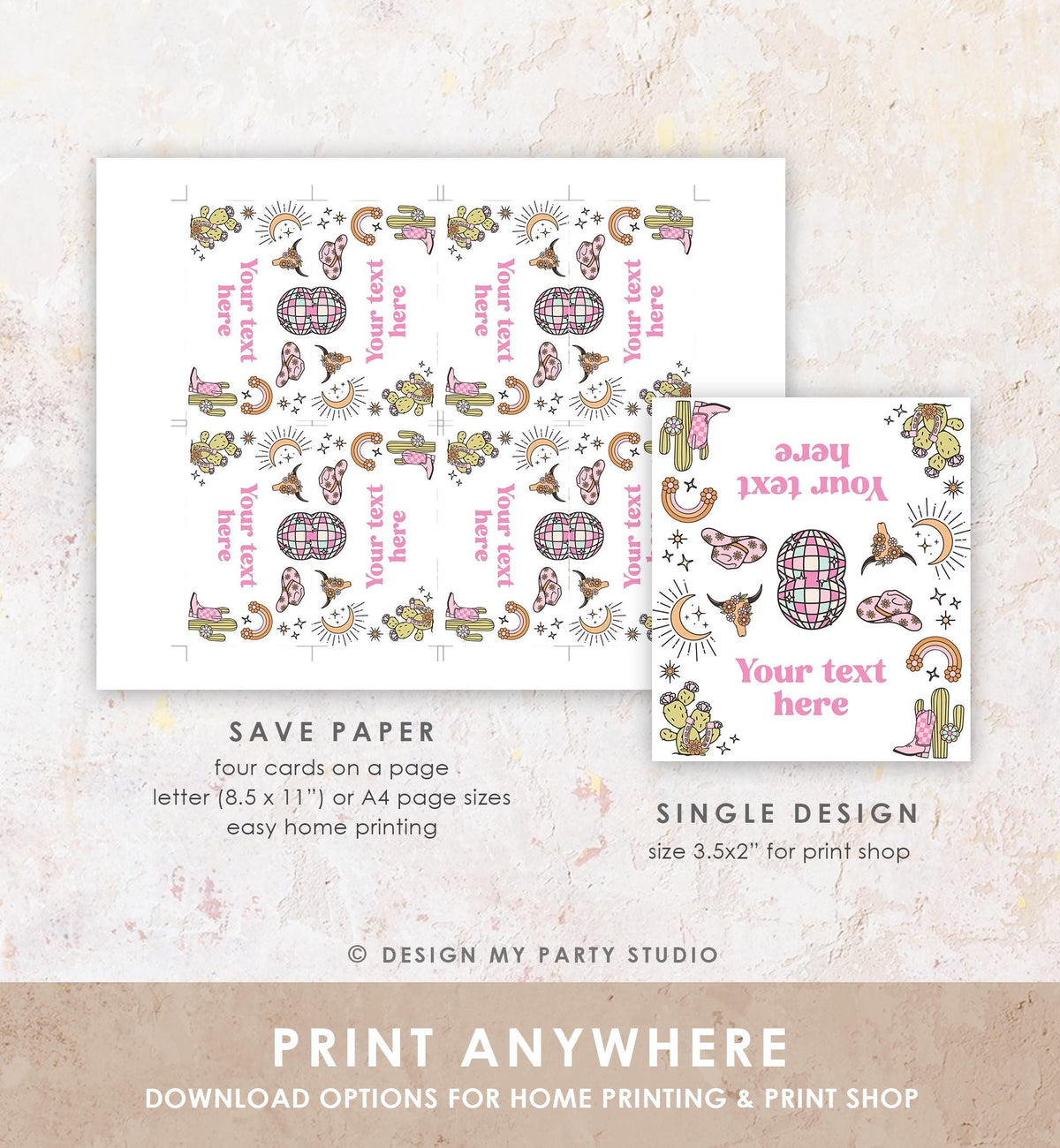 Editable Retro Cowgirl Food Labels Disco Birthday Food Card Tent Girl Pink Nashville Rodeo Buffet Label Digital Template Printable 0519