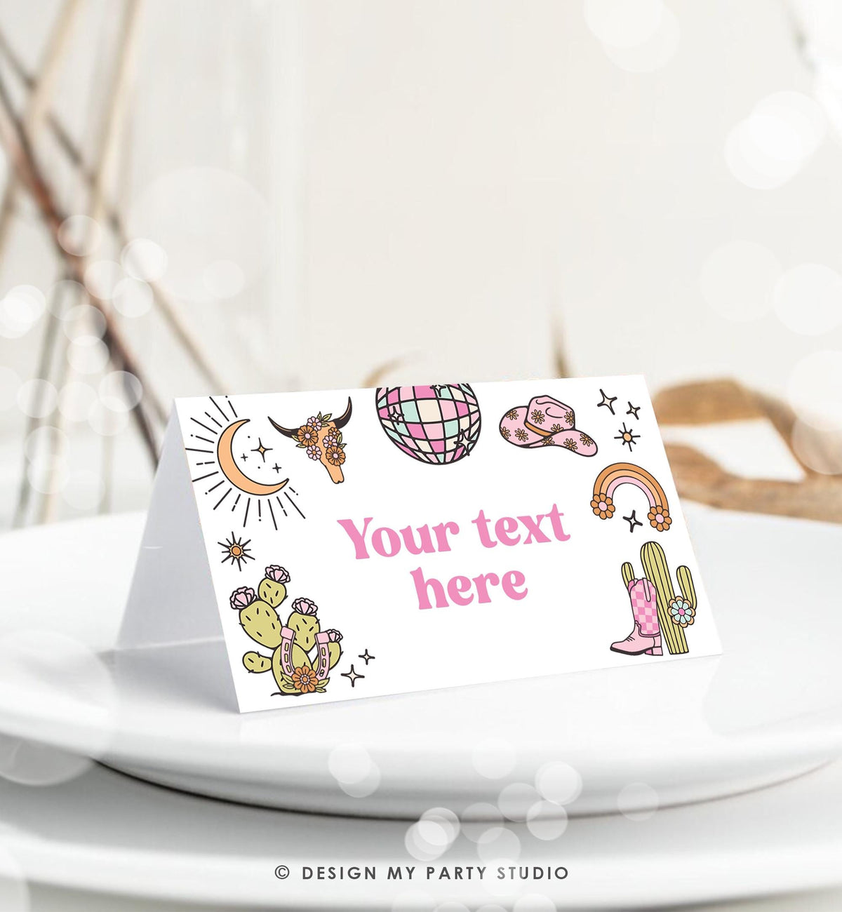 Editable Retro Cowgirl Food Labels Disco Birthday Food Card Tent Girl Pink Nashville Rodeo Buffet Label Digital Template Printable 0519
