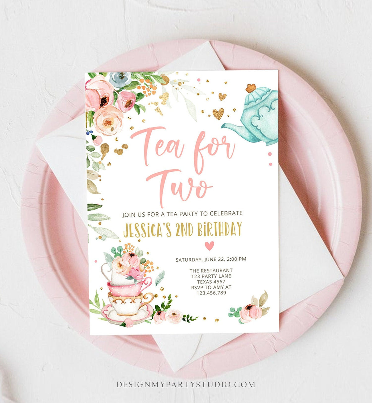 Editable Tea for Two Birthday Invitation Girl Tea Party Invite Pink Gold Floral Peach Pink Digital Download Evite Template Printable0349