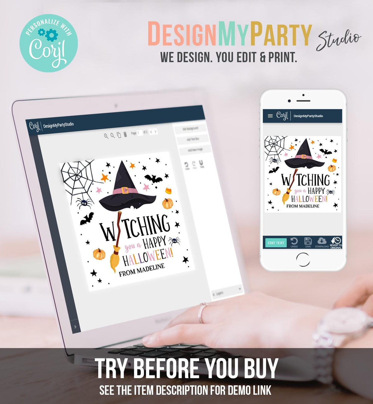 Editable Halloween Favor Tags Witching You a Happy Halloween Trick Or Treat Favor Tags Birthday Party Download Template Printable 0261