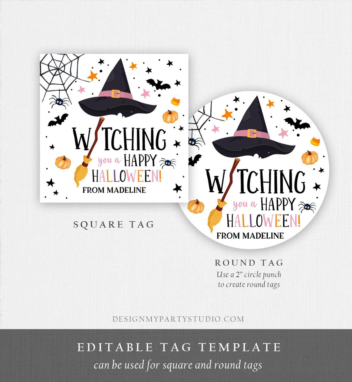 Editable Halloween Favor Tags Witching You a Happy Halloween Trick Or Treat Favor Tags Birthday Party Download Template Printable 0261