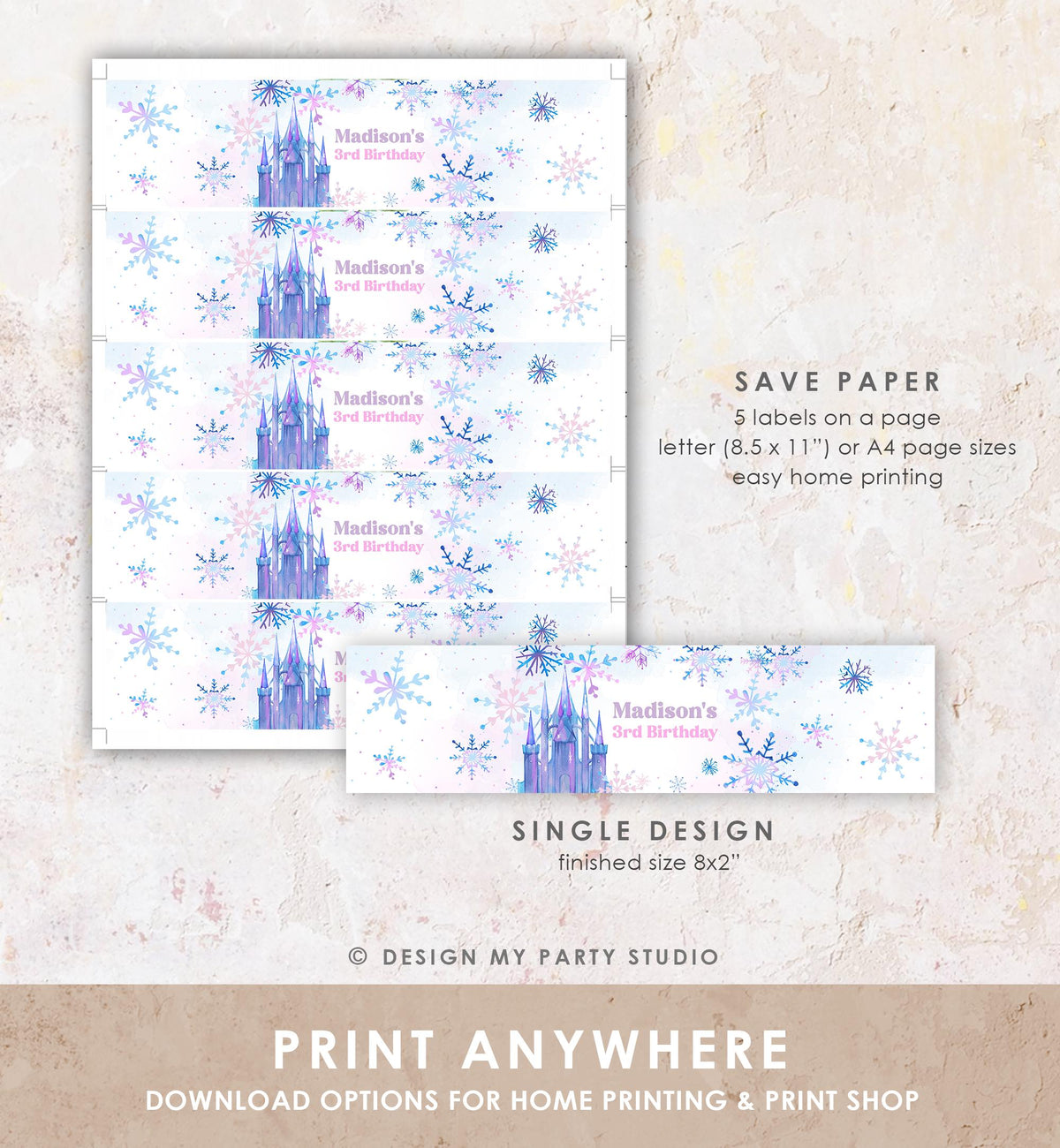 Editable Winter Snowflake Water Bottle Label Winter Onederland Wonderland Birthday Castle Girl Christmas Digital Template Printable 0518