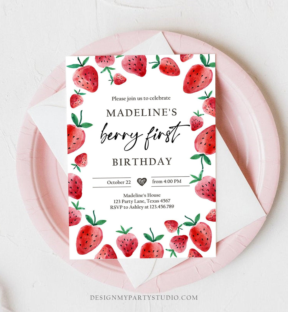 Editable Strawberry Birthday Invitation First Birthday Berry Sweet Girl Cute Strawberries 1st Digital Download Template Printable 0399