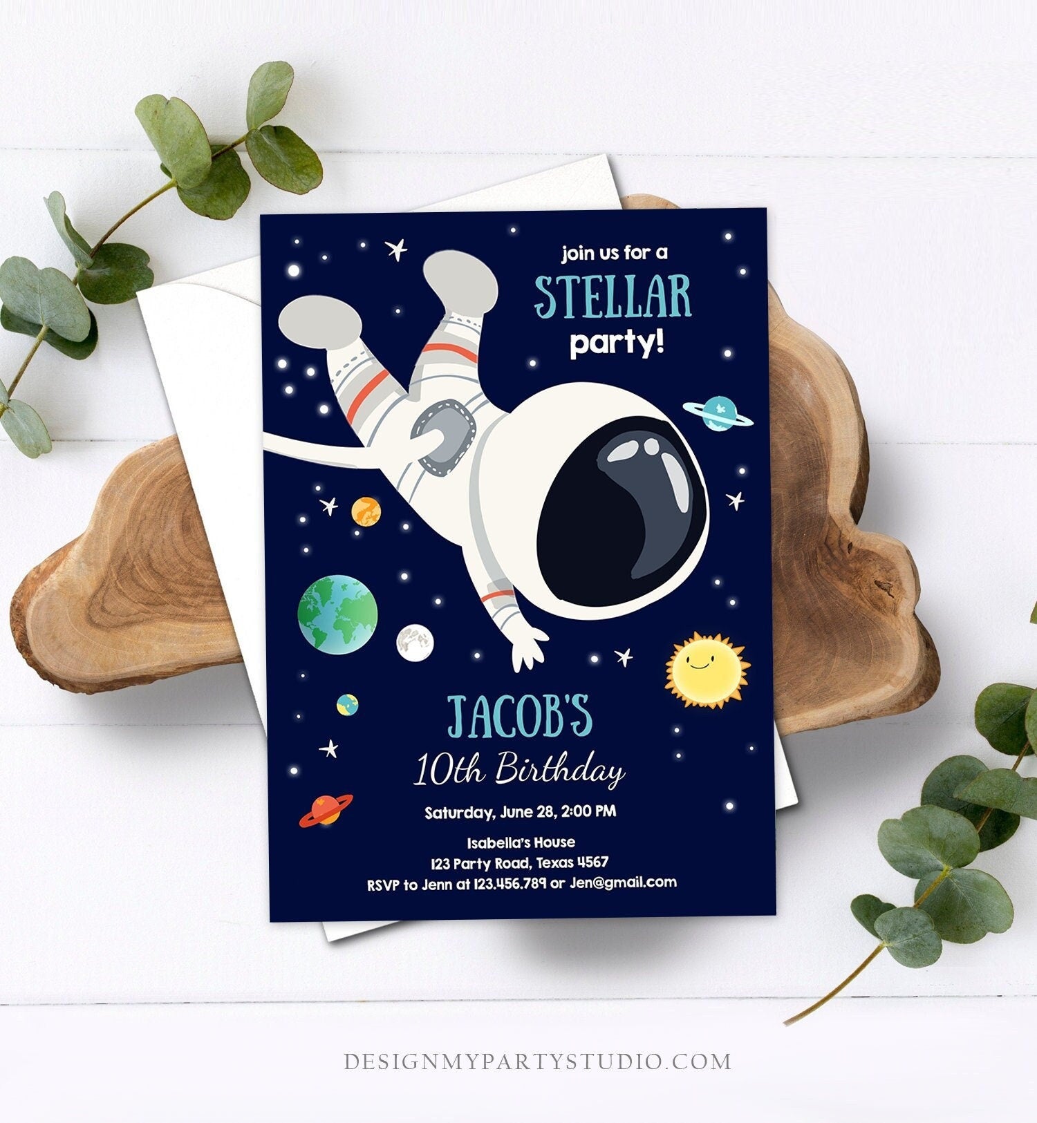 Editable Boy Space Birthday Party Invitation Outer Space Galaxy Planets and Stars Astronaut Digital Download Evite Template Printable 0259