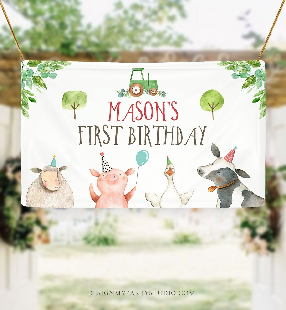 Editable Farm Animals Backdrop Banner Boy Farm Birthday Boy Barnyard Birthday Green Tractor Cow Digital Download Template Printable 0155