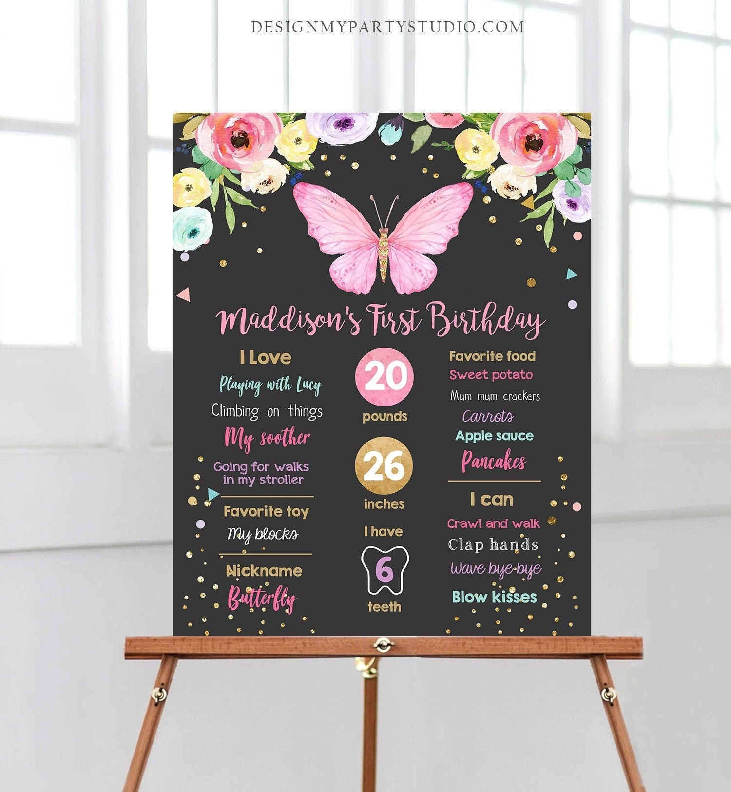 Editable Butterfly Birthday Milestones Sign Garden 1st Birthday First Birthday Girl Pink and Gold Download Corjl Template Printable 0162