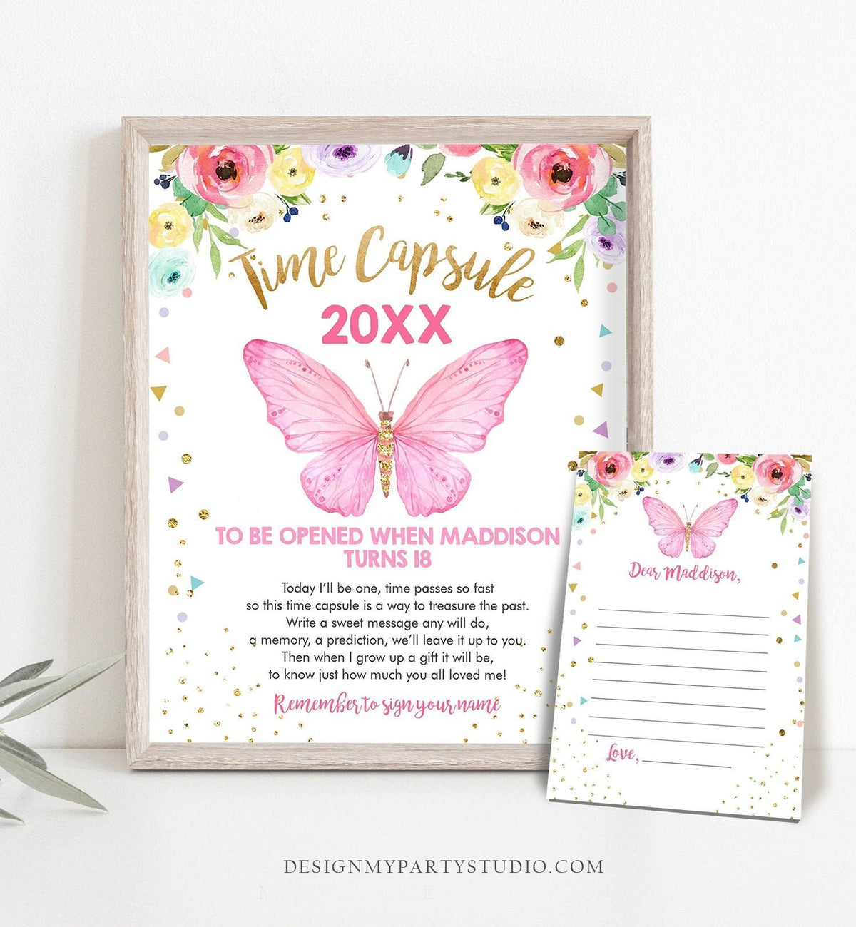 Editable Butterfly Time Capsule Girl Rainbow 1st Birthday Pink Gold Garden First Birthday Girl Floral Digital Template Printable 0162