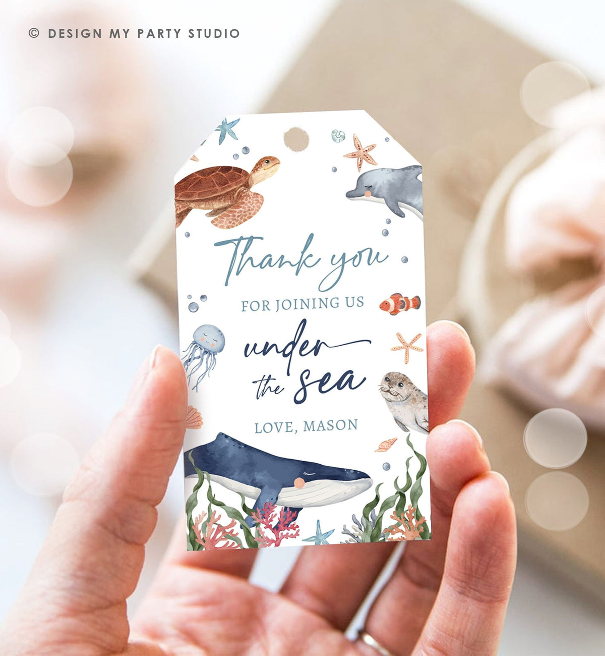 Editable Under the Sea Favor Tag Nautical Birthday Sea Life Ocean Animals Whale Dolphin Turtle Jellyfish Download Template Printable 0504
