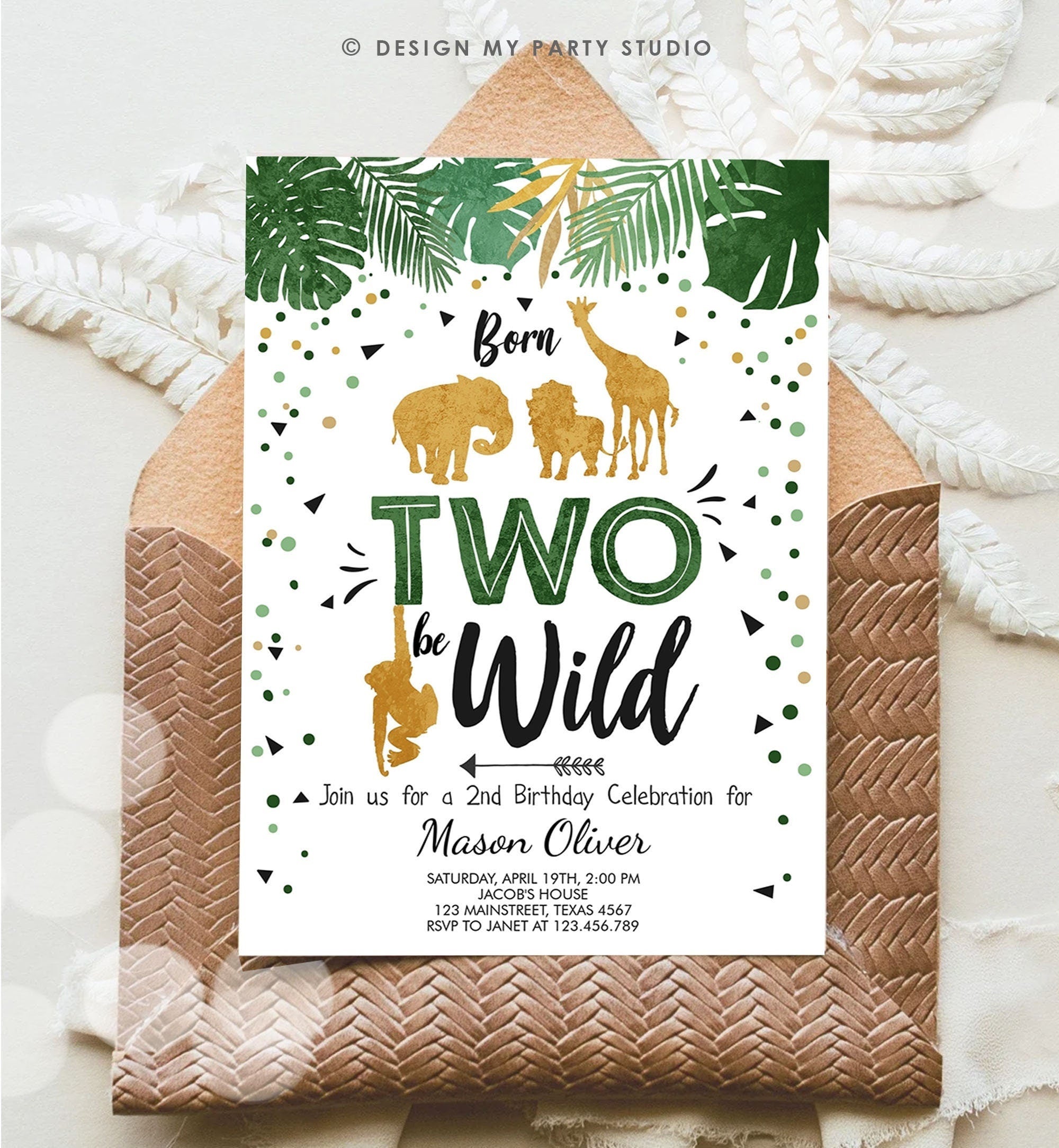 Editable Born Two Be Wild Birthday Invitation Boy Safari Animals Party Green Gold 2nd Birthday Digital Download Template Printable 0016