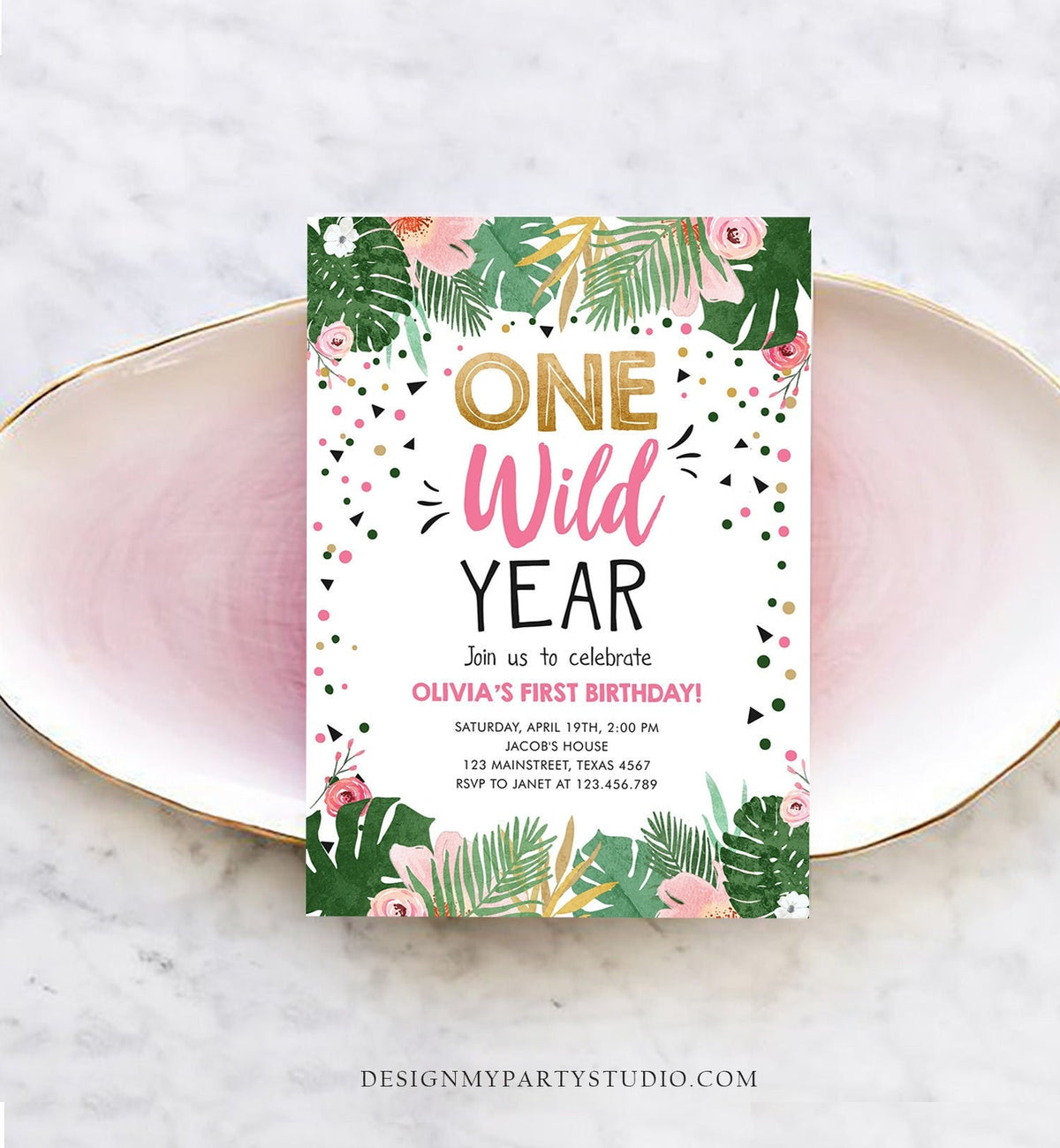Editable One Wild Year Birthday Invitation Girl Tropical Safari Animals Party Pink Wild One Gold Digital Download Template Printable 0332