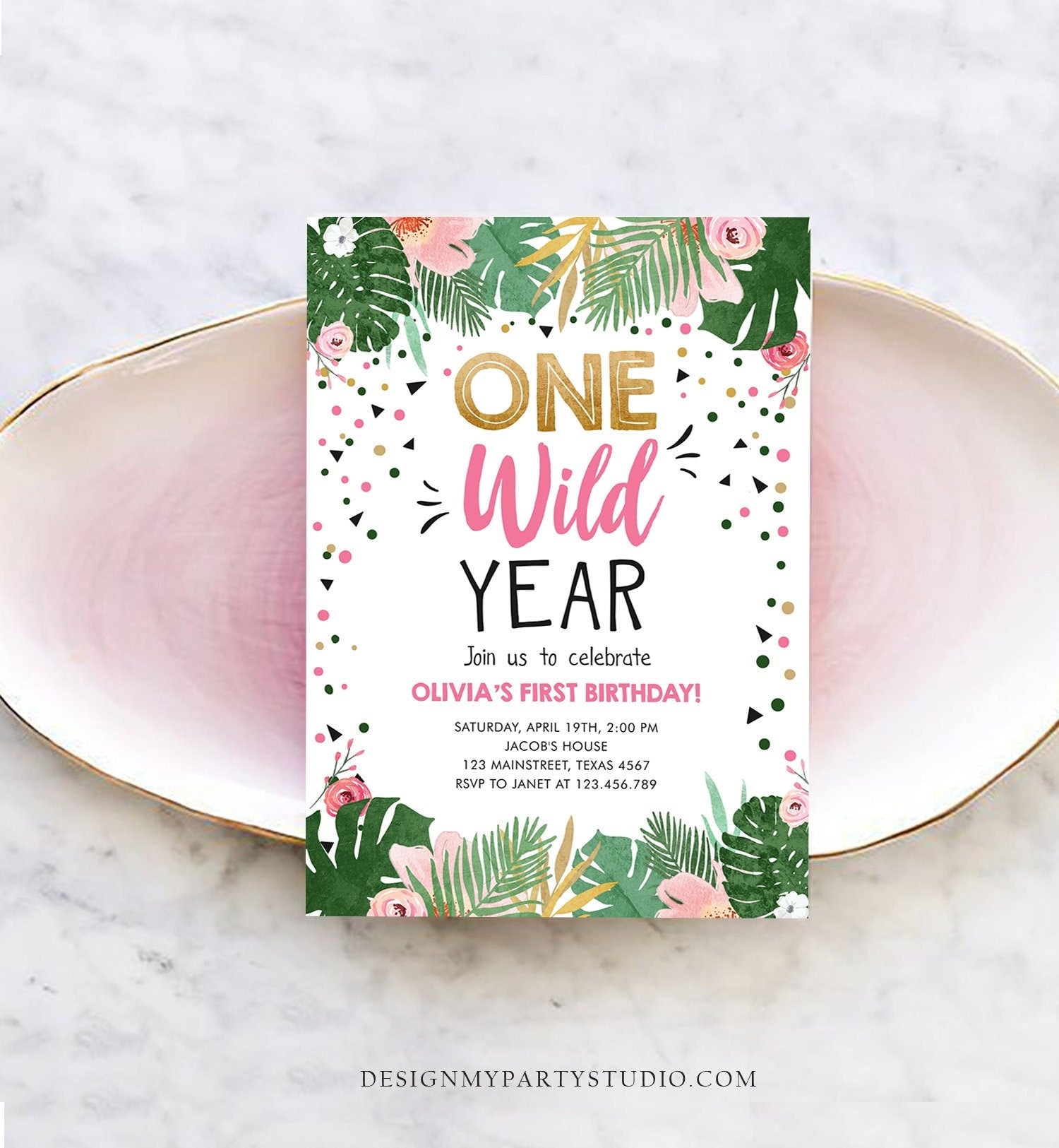 Editable One Wild Year Birthday Invitation Girl Tropical Safari Animals Party Pink Wild One Gold Digital Download Template Printable 0332