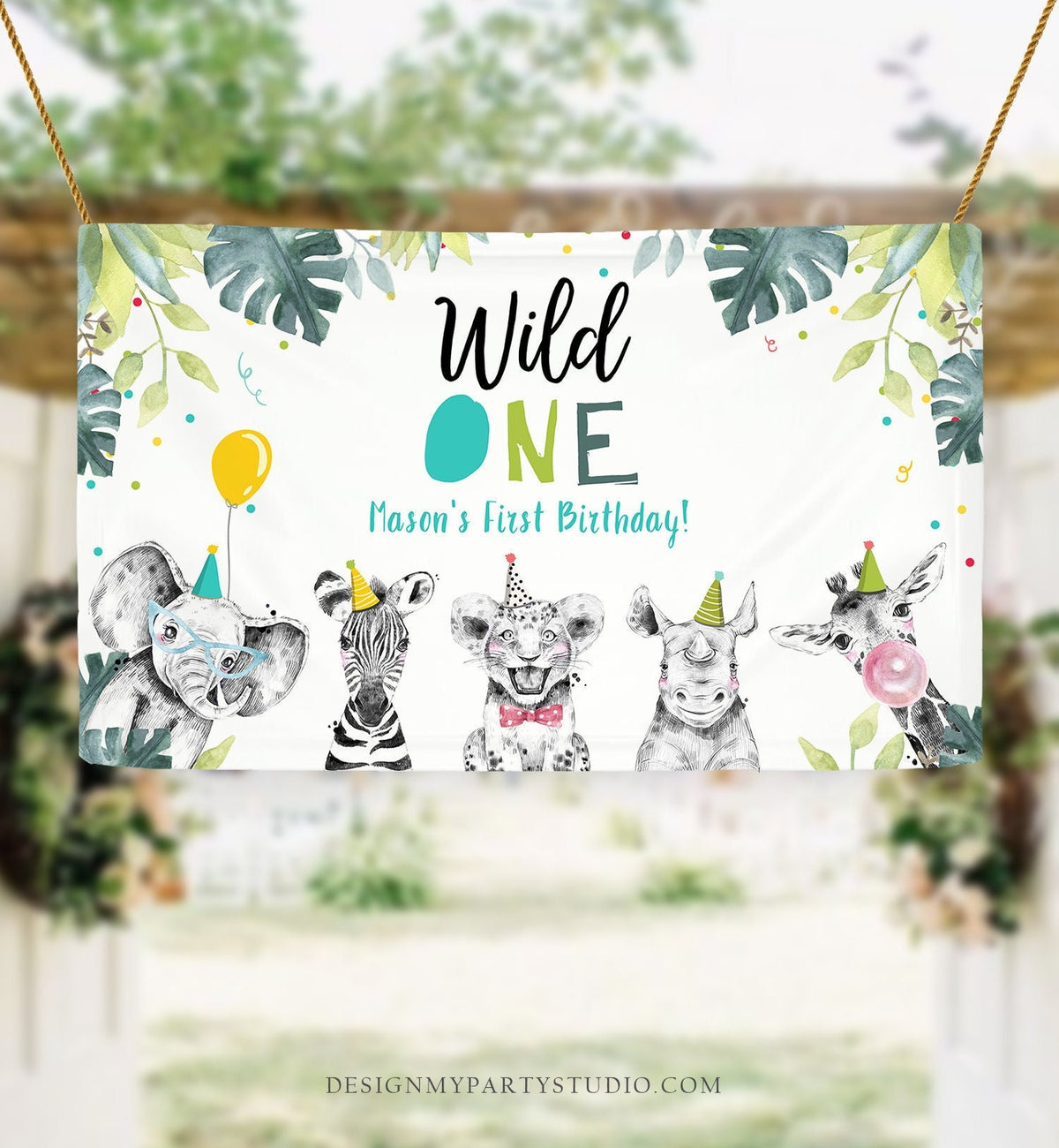 Editable Party Animals Birthday Backdrop Banner Safari Animals Boy Wild One First Birthday 1st Welcome Sign Digital Template Printable 0322