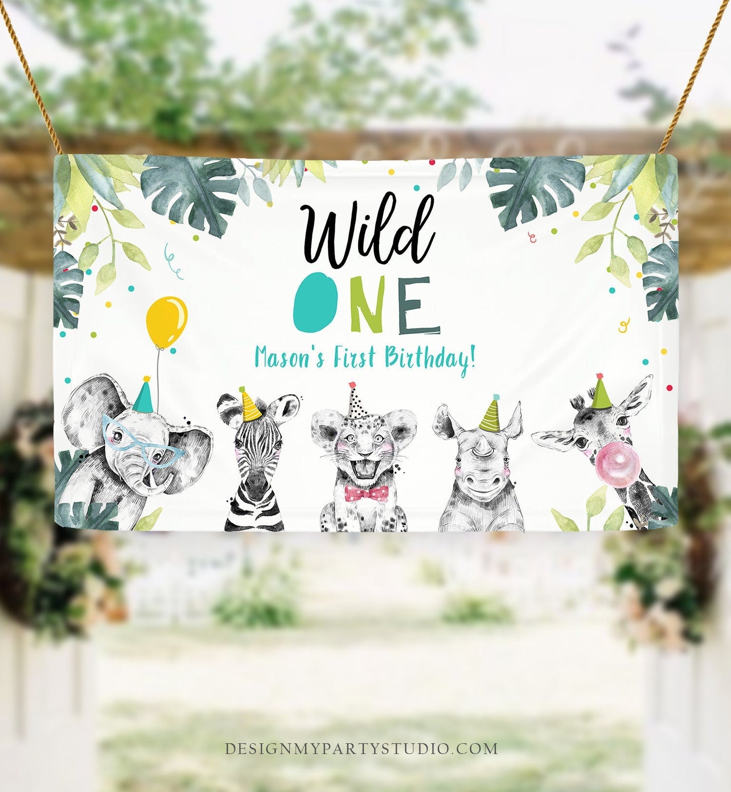 Editable Party Animals Birthday Backdrop Banner Safari Animals Boy Wild One First Birthday 1st Welcome Sign Digital Template Printable 0322