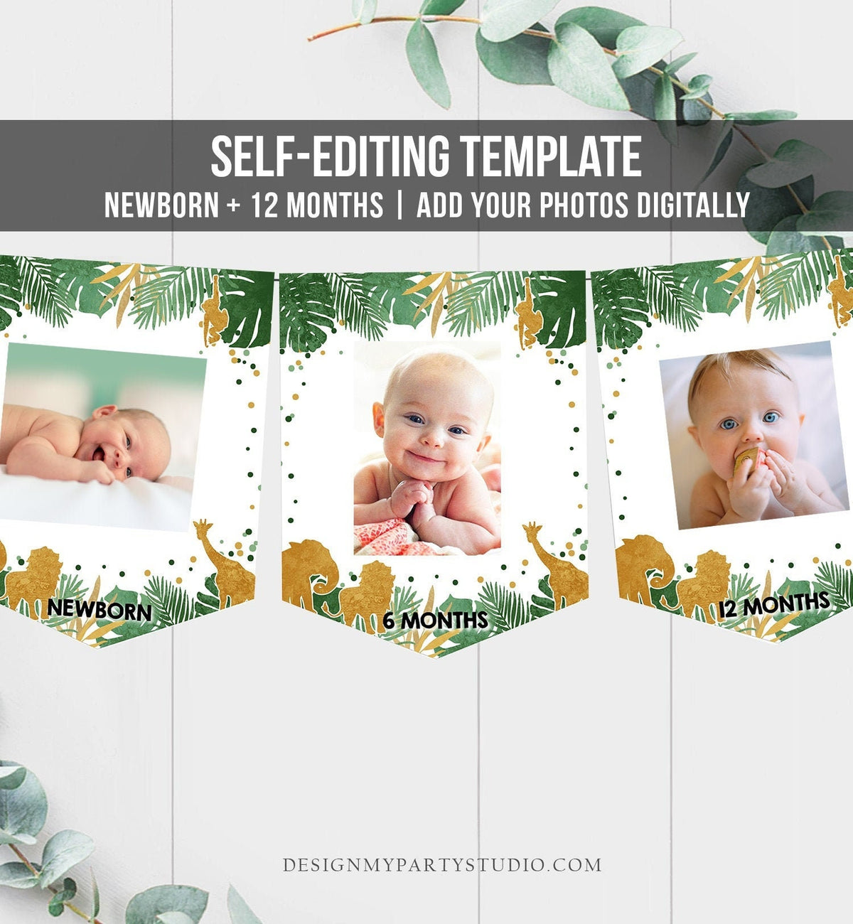 Editable Safari Animals Monthly First Birthday Banner Photo Banner Gold Green Boy Jungle Wild One Digital Download Template Printable 0016