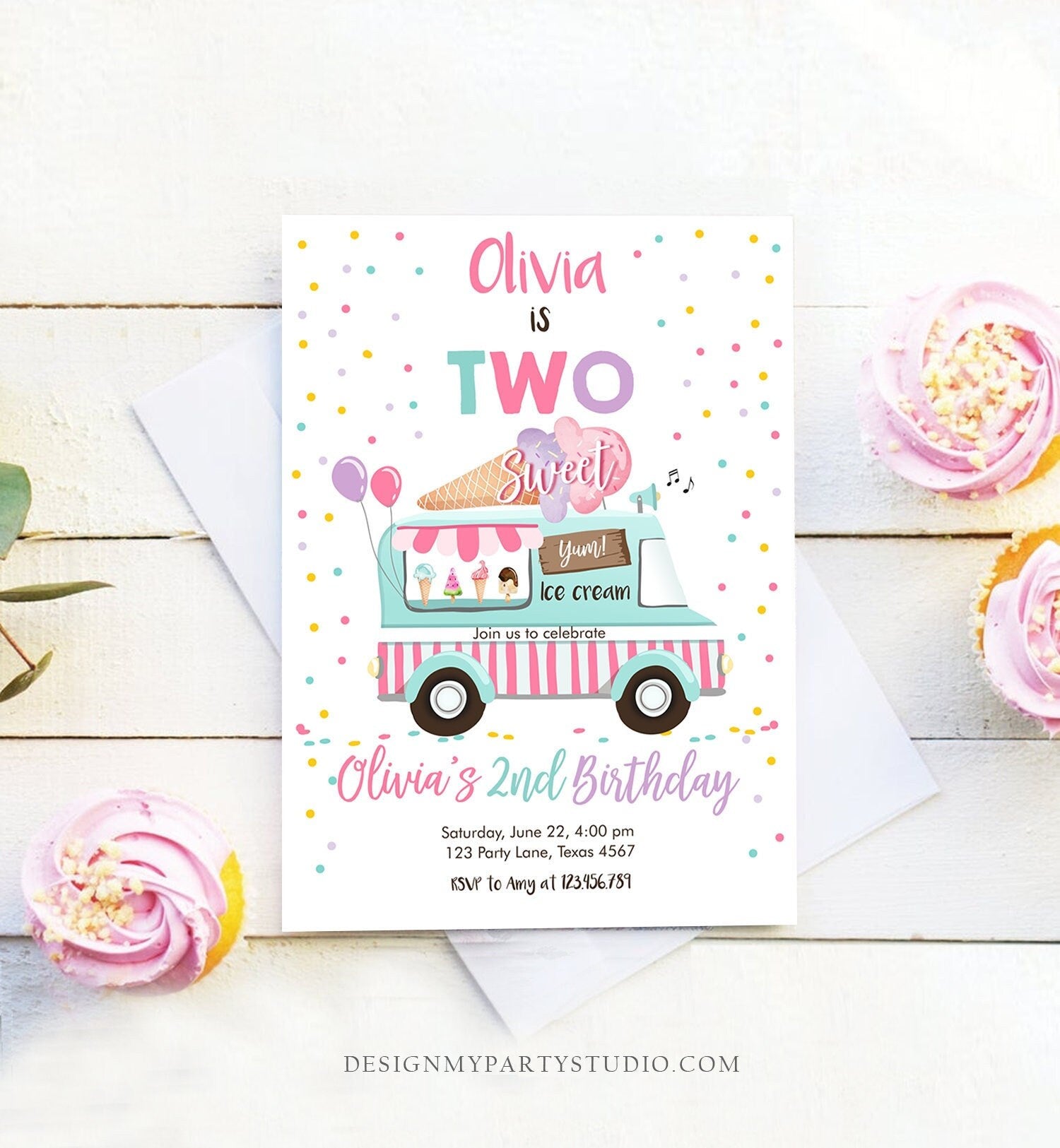 Editable Ice Cream Truck Birthday Invitation Two Sweet Birthday 2nd Birthday Ice Cream Party Scoop Pink Girl Digital Template Printable 0243