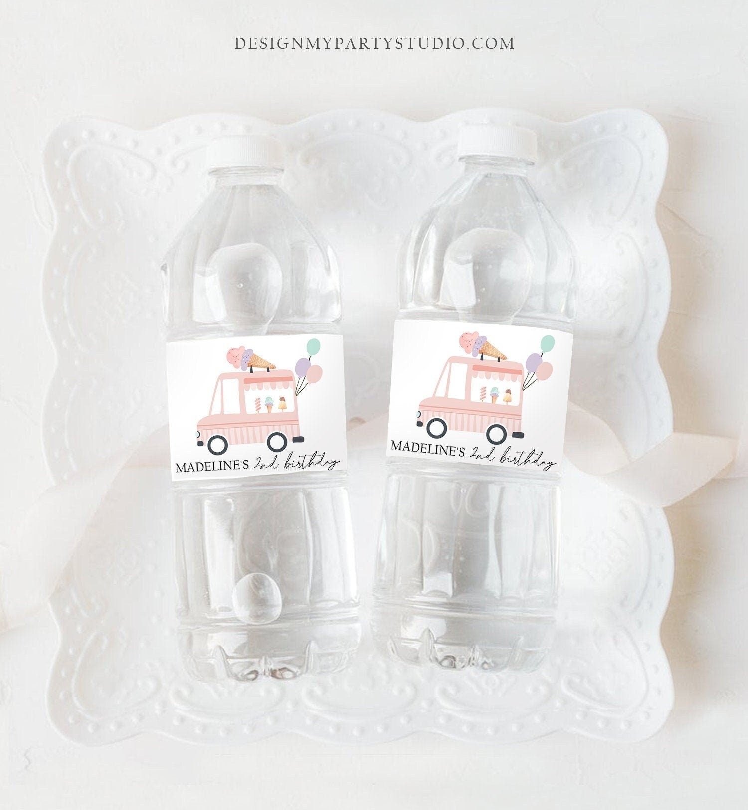 Editable Ice Cream Truck Water Bottle Labels Modern Ice Cream Birthday Decor Two Sweet Scoop Bottle Label Digital Template Printable 0415