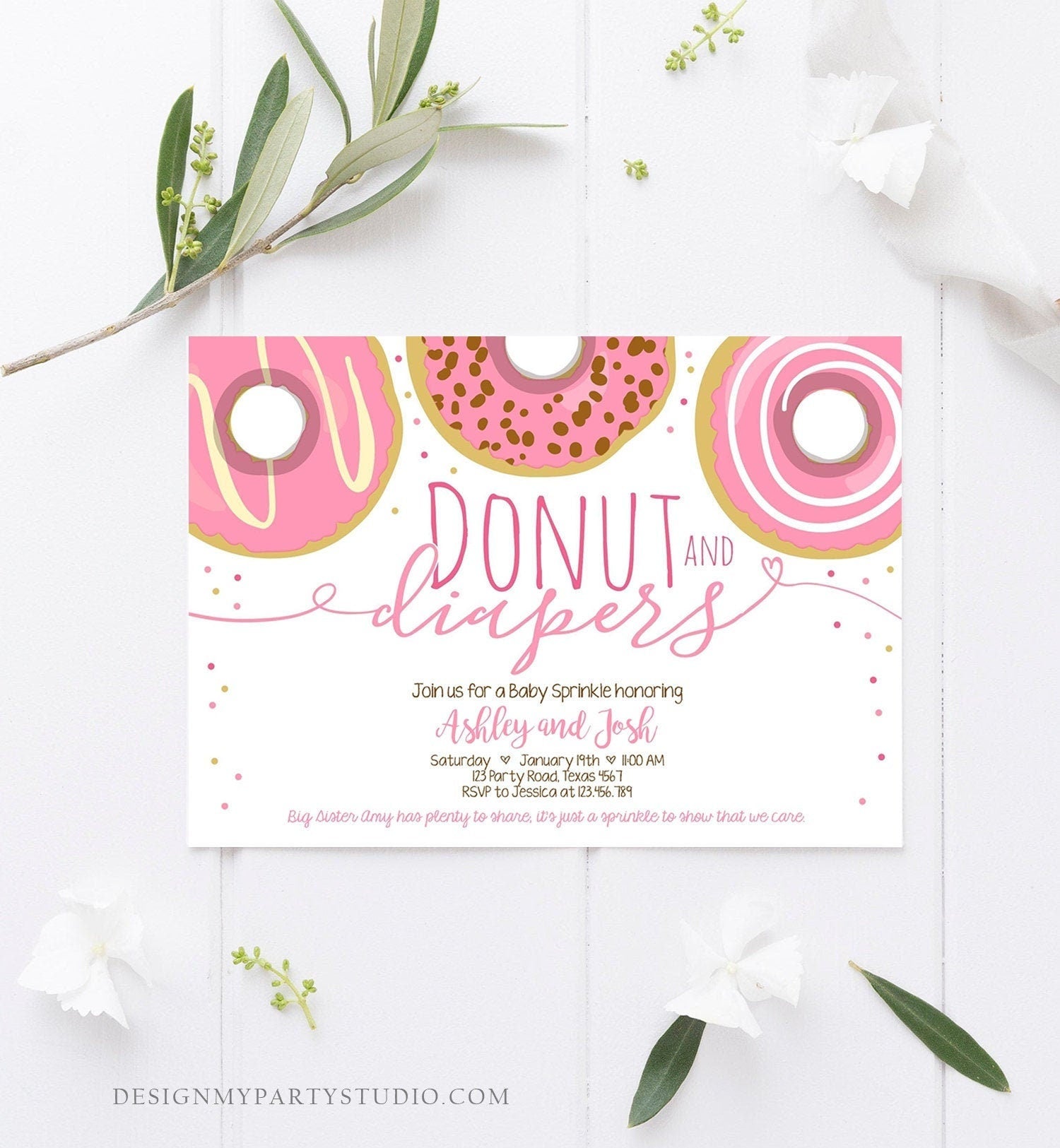 Editable Donut and Diapers Baby Shower Invitation Sprinkle Sprinkled With Love Girl Pink Pastel Digital Download Template Printable 0050