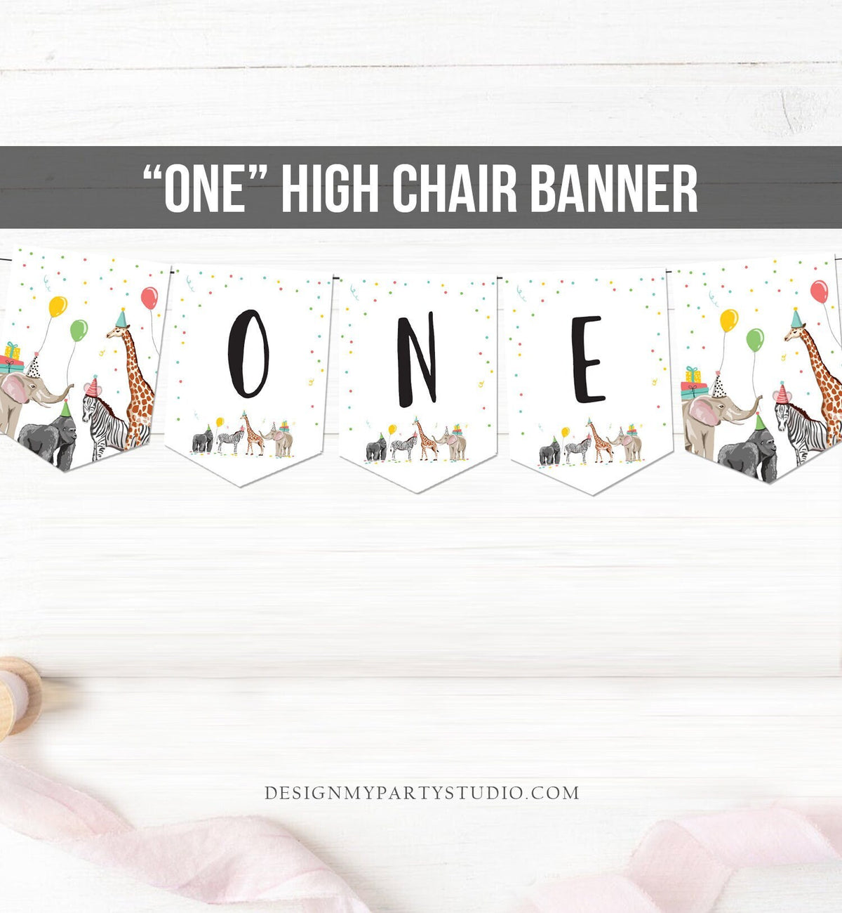 High Chair ONE Birthday Banner Party Animals Safari Animals Wild One First Birthday 1st Decorations Boy Girl Zoo Download Printable 0142