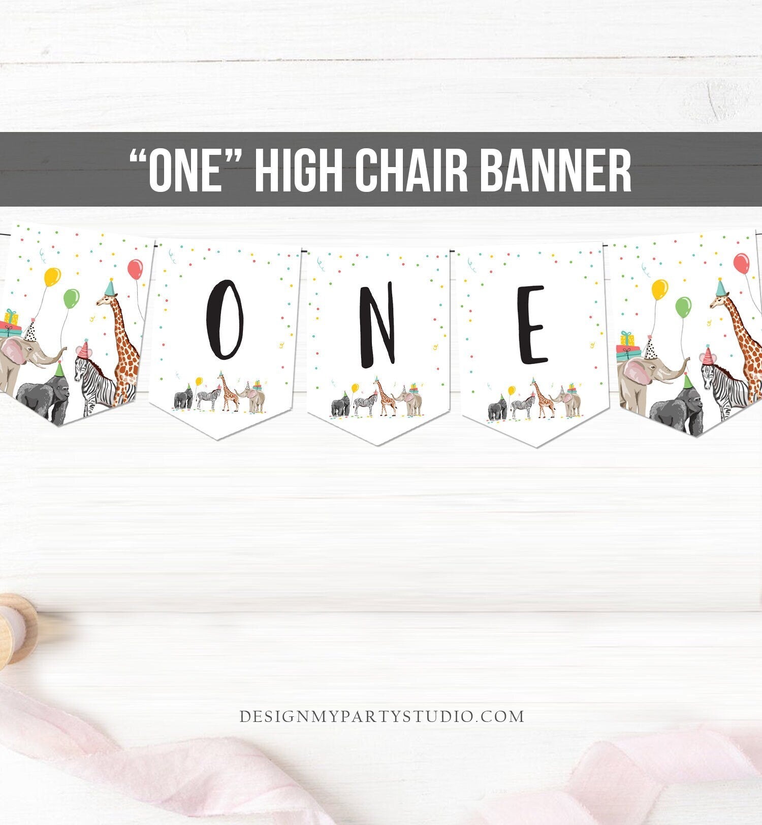 High Chair ONE Birthday Banner Party Animals Safari Animals Wild One First Birthday 1st Decorations Boy Girl Zoo Download Printable 0142