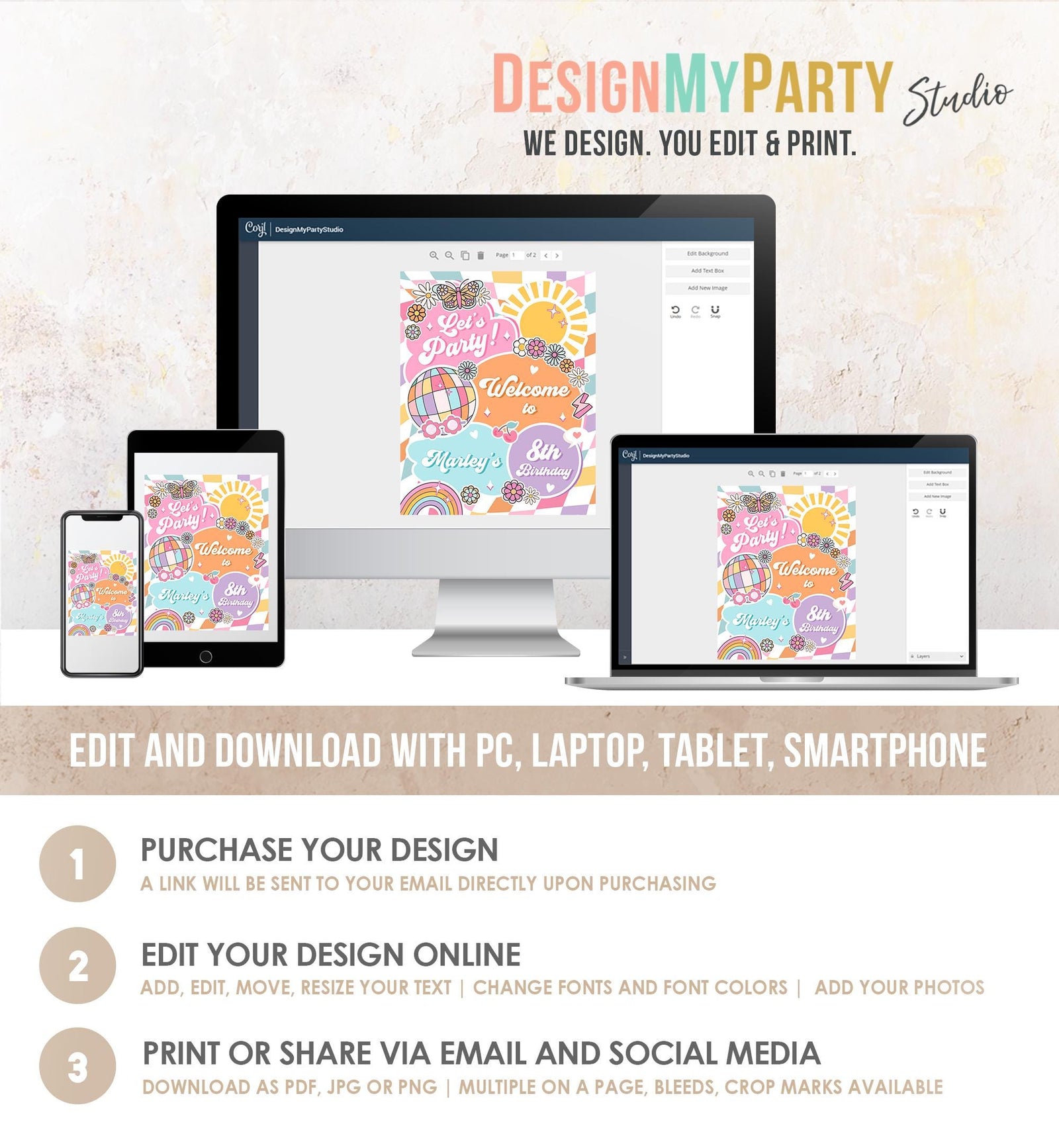 Editable Groovy Birthday Welcome Sign Rainbow Sunshine Girl Pink Peace Love Party Retro Hippie Digital Download Template Printable 0524