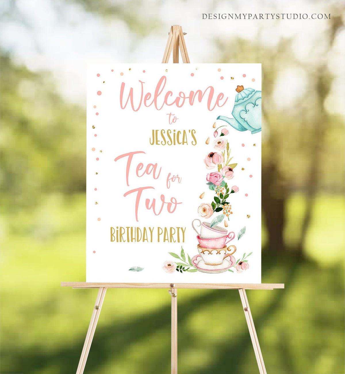 Editable Tea for Two Party Welcome Sign Tea Birthday Welcome Floral Pink Peach Girl 2nd Birthday Garden Digital Template Printable 0349