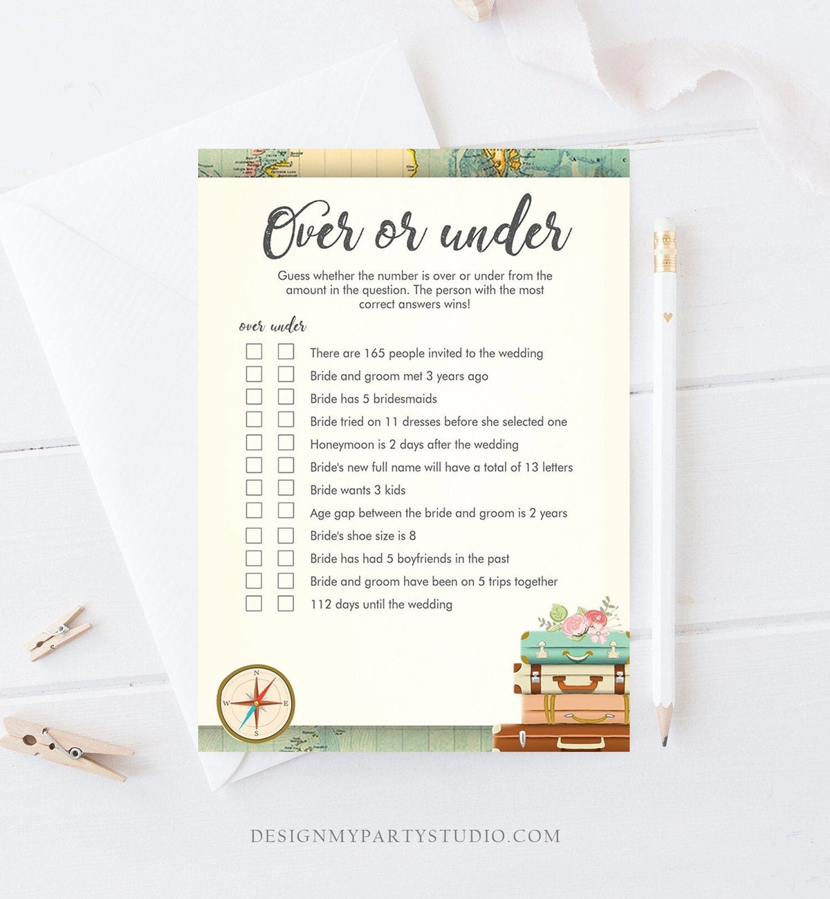 Editable Over or Under Bridal Shower Game Travel More or Less Guess Wedding Shower Activity Vintage Map Digital Template Printable 0044