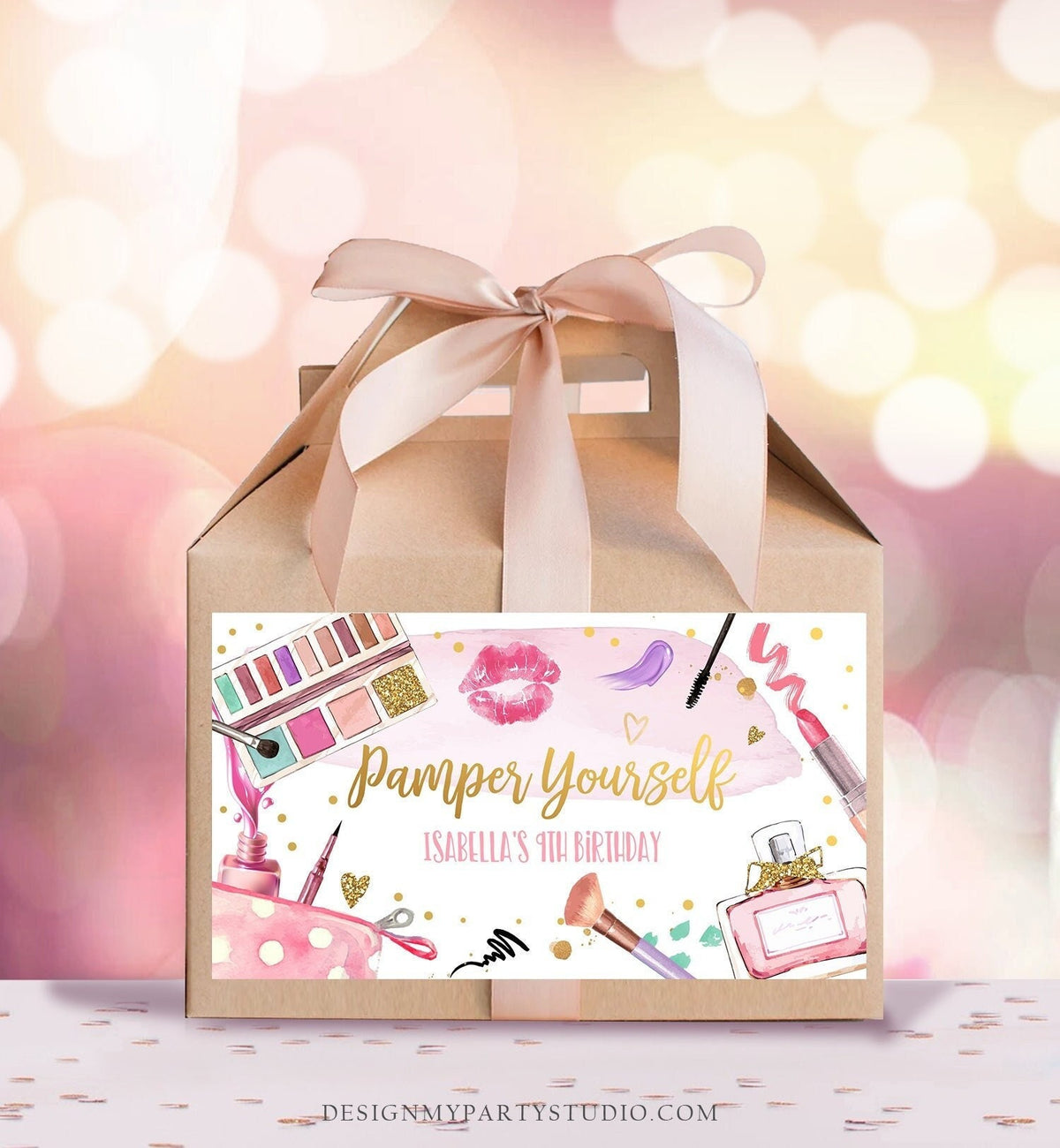 Editable Spa Party Favor Box Glamour Birthday Gable Box Label Girl Pamper Yourself Get Pampered Glam Party Download Template Printable 0420
