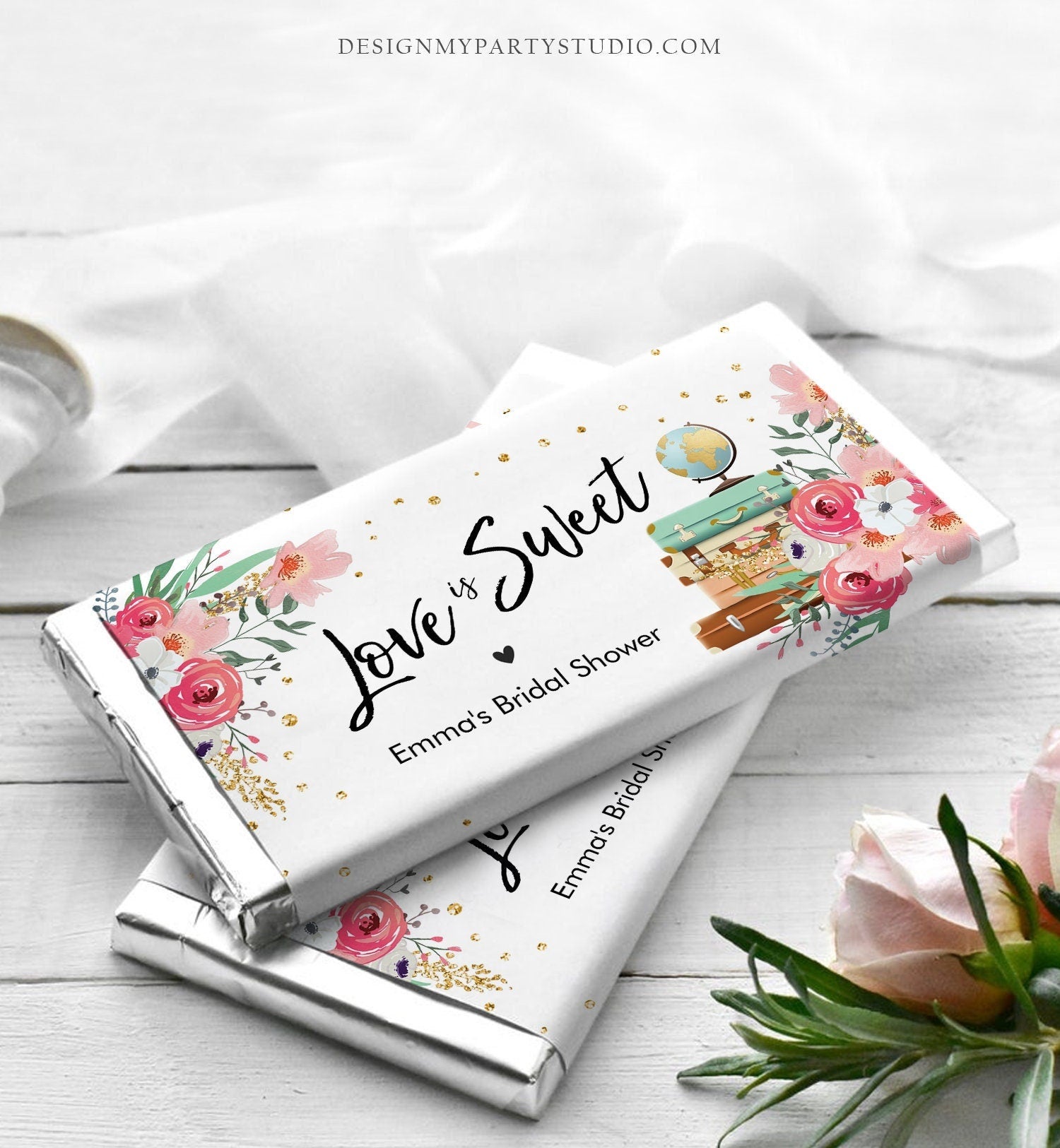 Editable Bridal Shower Chocolate Bar Wrapper Love is Sweet Traveling to Mrs Travel Adventure Pink Digital Download Template Printable 0030