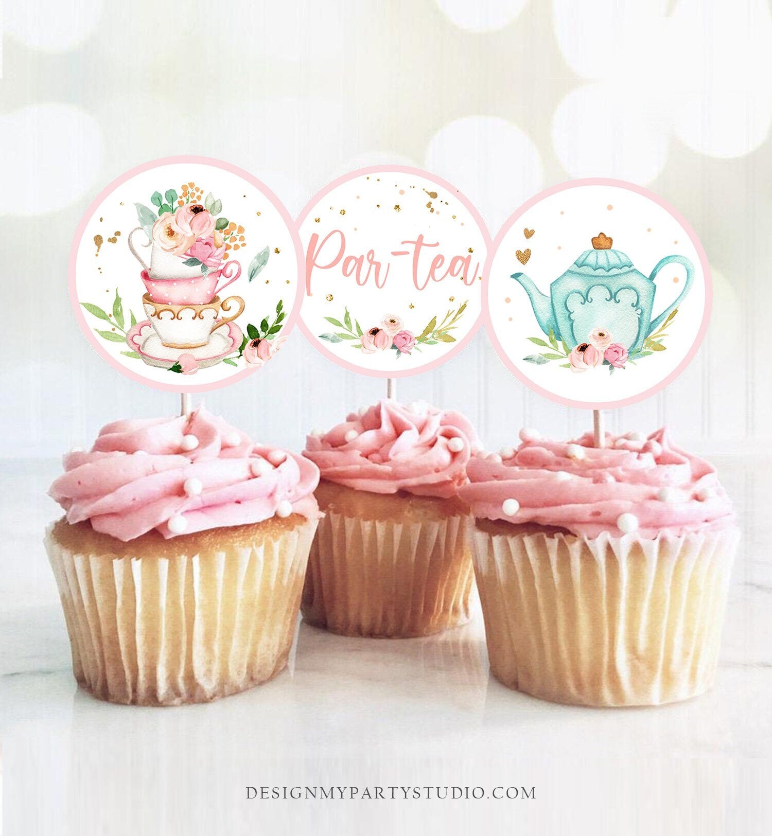 Tea Party Cupcake Toppers Tea Birthday Cupcake Toppers Favor Tag Girl Tea For Two Whimsical Floral Pink Gold Download Digital Printable 0349