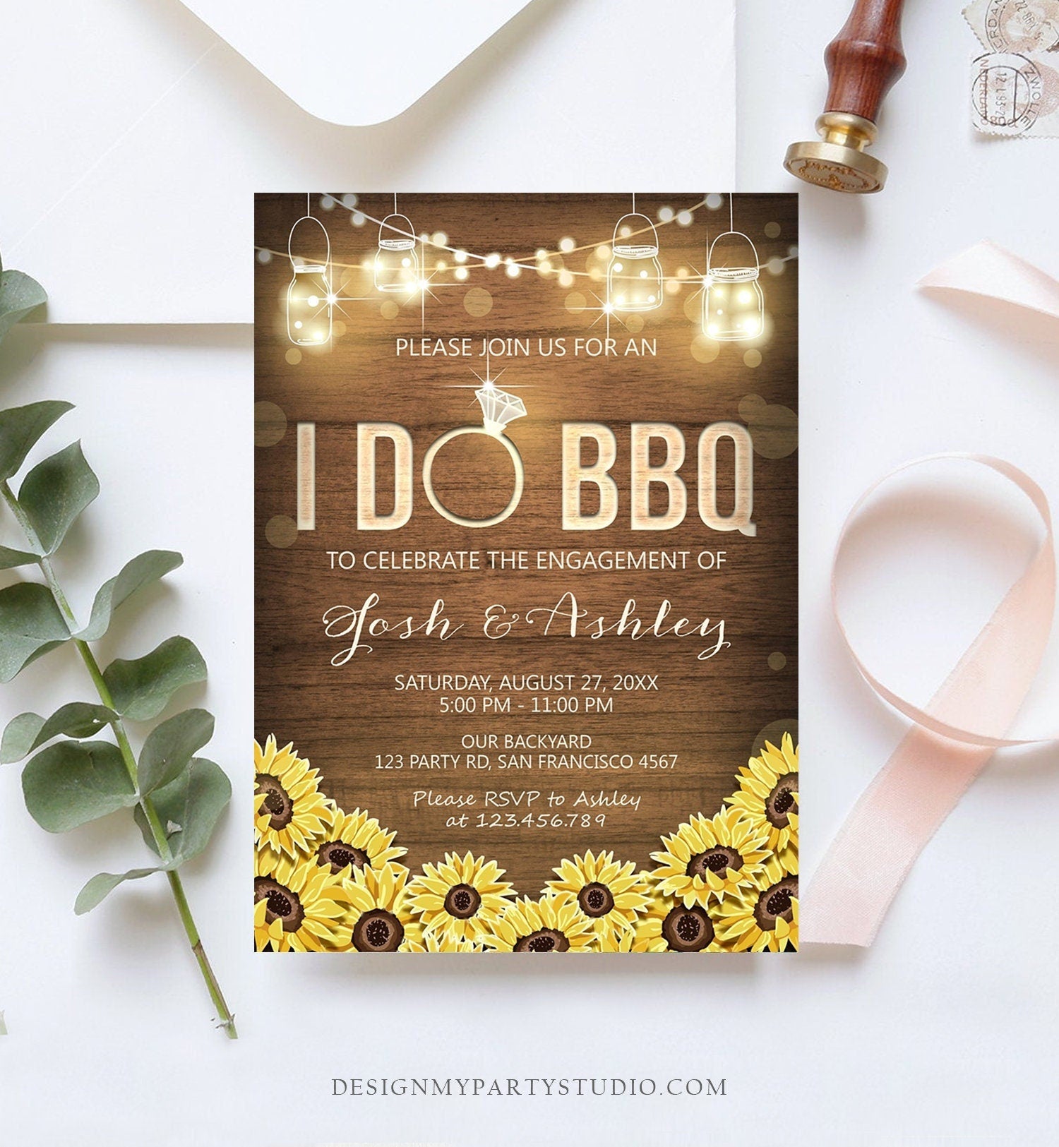 Editable I Do BBQ Invitation Couples Shower Engagement Party Rustic Wood Lights Sunflowers Digital Download Evite Template Printable 0015