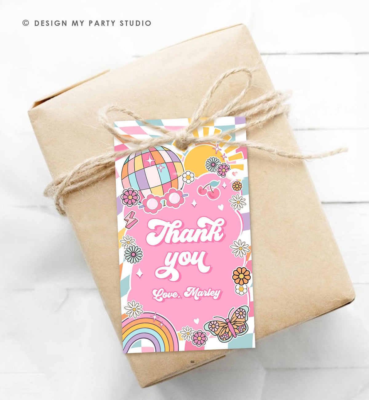 Editable Groovy Favor Tag Baby Shower Birthday Thank You Tag Girl Retro 70&#39;s Party Peace Flower Power Hippie Digital Template Printable 0524