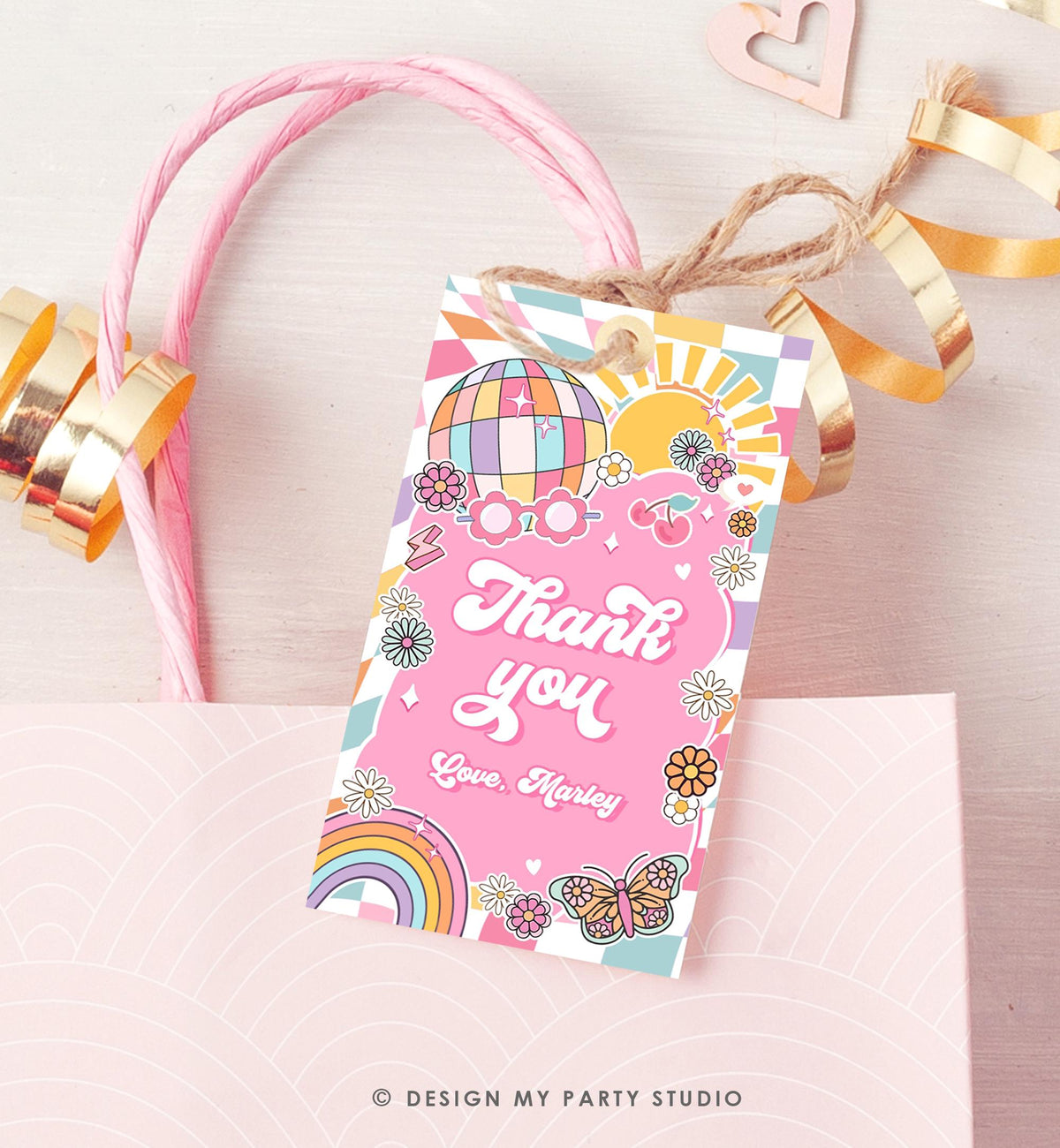 Editable Groovy Favor Tag Baby Shower Birthday Thank You Tag Girl Retro 70&#39;s Party Peace Flower Power Hippie Digital Template Printable 0524