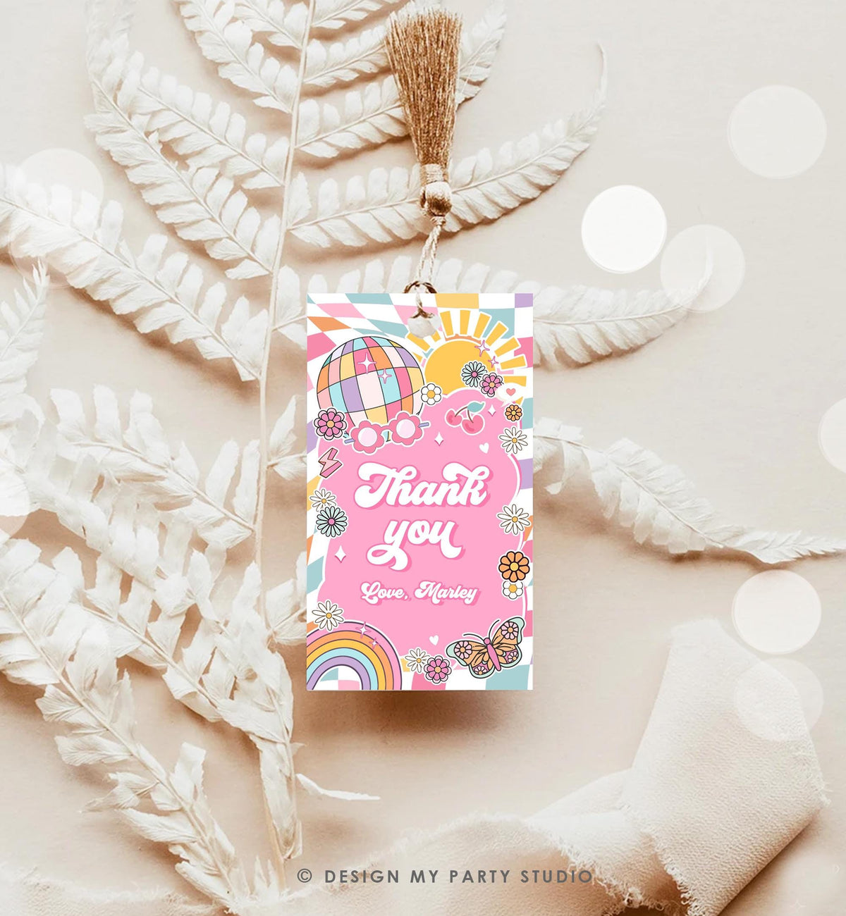 Editable Groovy Favor Tag Baby Shower Birthday Thank You Tag Girl Retro 70&#39;s Party Peace Flower Power Hippie Digital Template Printable 0524
