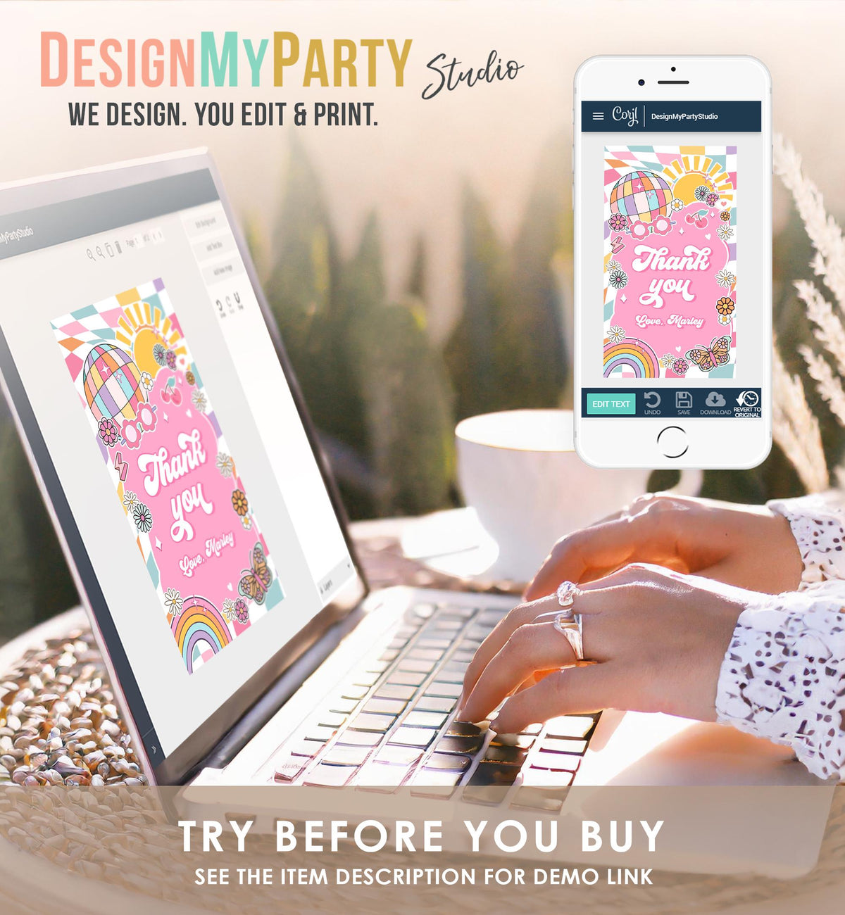 Editable Groovy Favor Tag Baby Shower Birthday Thank You Tag Girl Retro 70&#39;s Party Peace Flower Power Hippie Digital Template Printable 0524