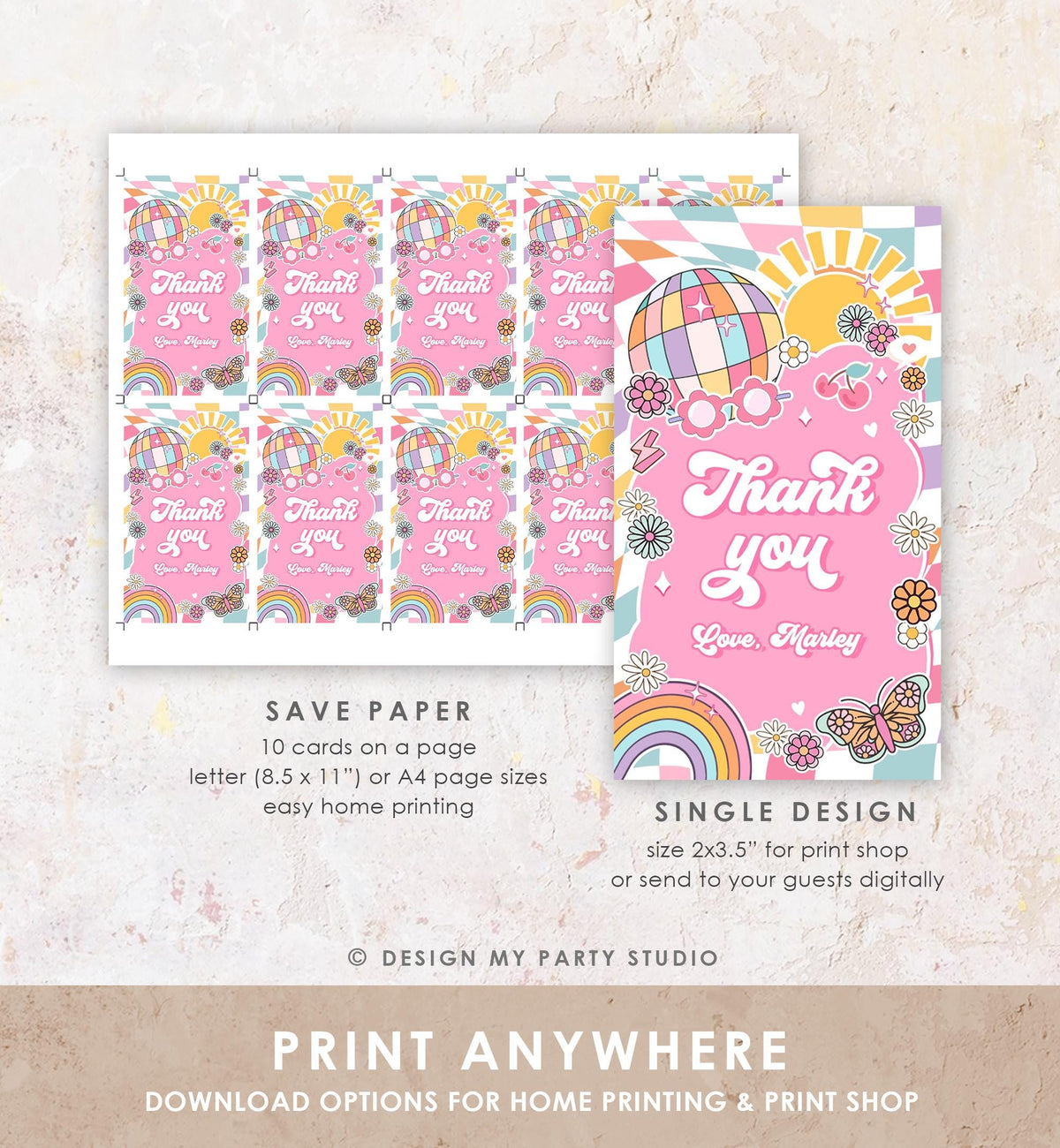 Editable Groovy Favor Tag Baby Shower Birthday Thank You Tag Girl Retro 70&#39;s Party Peace Flower Power Hippie Digital Template Printable 0524