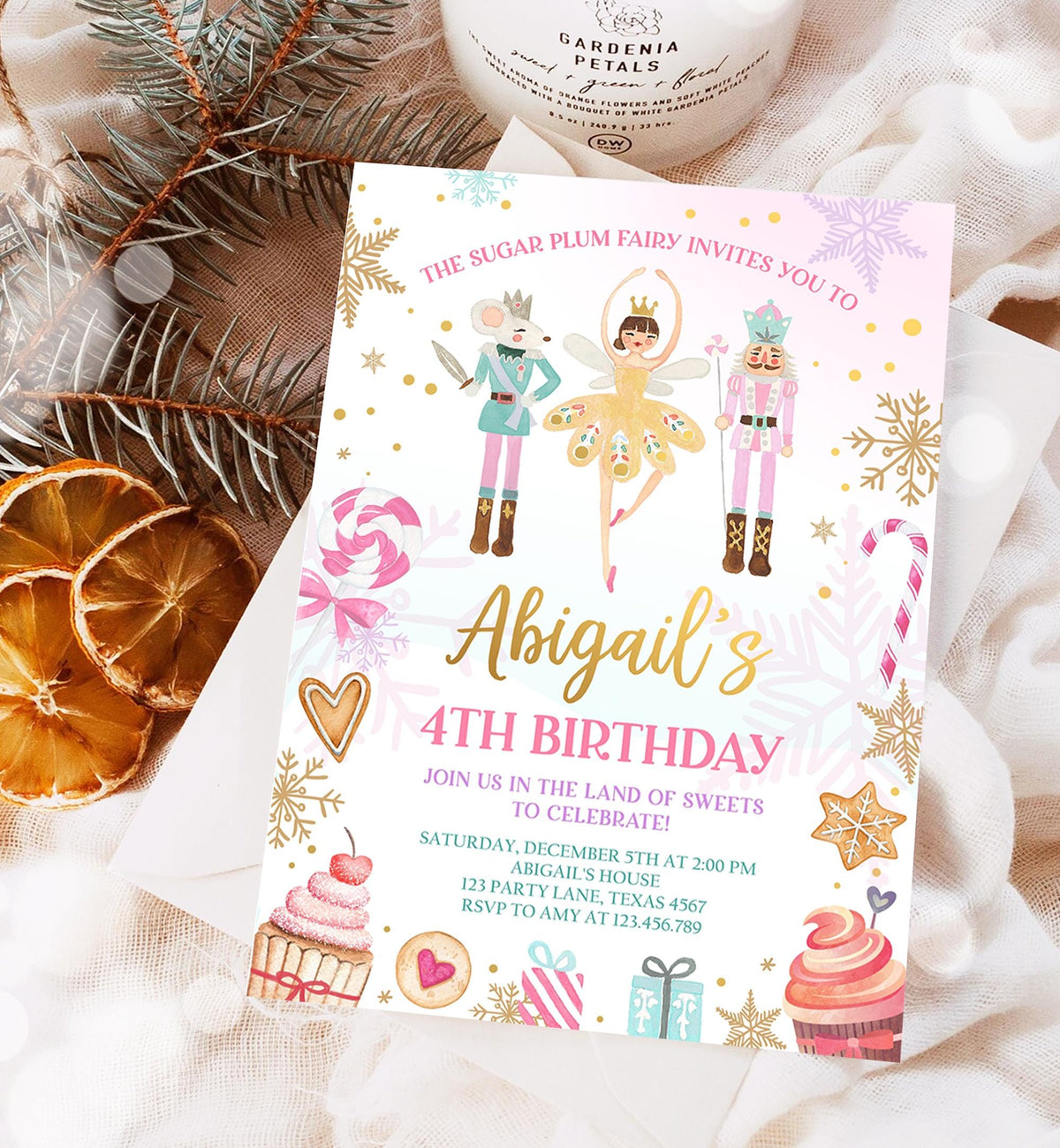 Editable Nutcracker Birthday Invitation Girl Land of Sweets Winter Gold Girl Sugar Plum Fairy Digital Download Evite Template Printable 0352