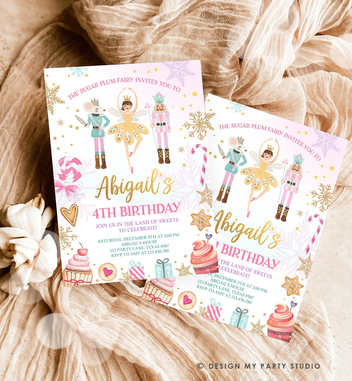 Editable Nutcracker Birthday Invitation Girl Land of Sweets Winter Gold Girl Sugar Plum Fairy Digital Download Evite Template Printable 0352