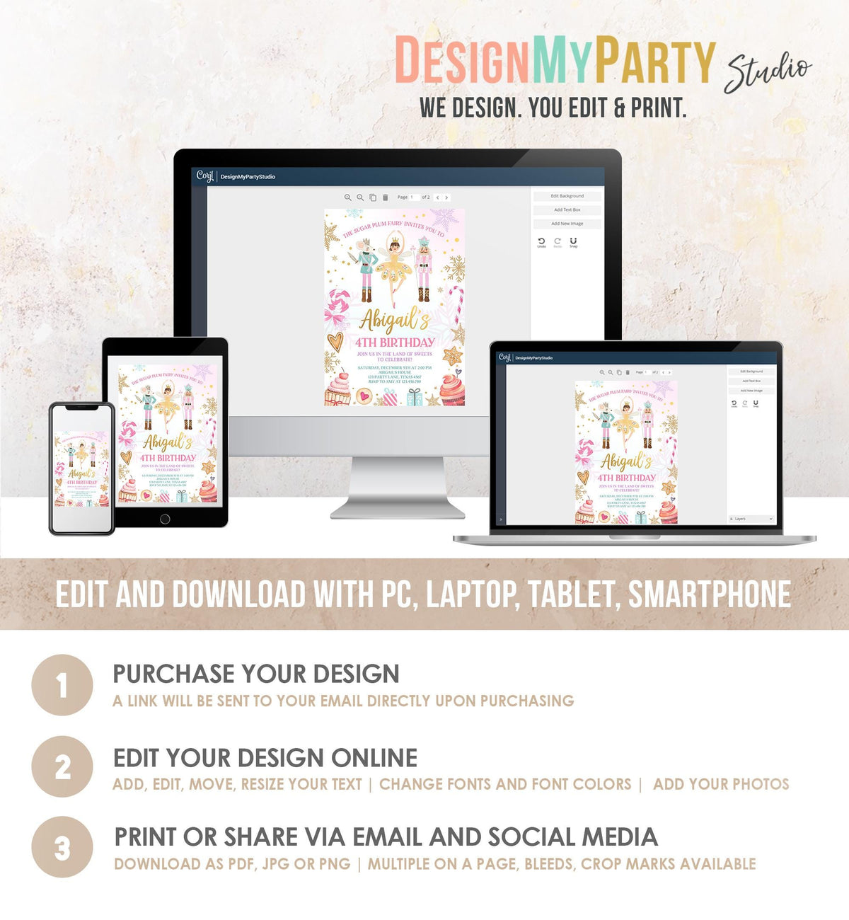 Editable Nutcracker Birthday Invitation Girl Land of Sweets Winter Gold Girl Sugar Plum Fairy Digital Download Evite Template Printable 0352