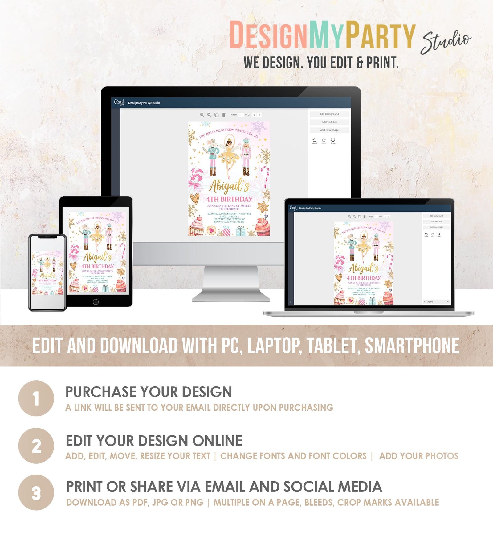 Editable Nutcracker Birthday Invitation Girl Land of Sweets Winter Gold Girl Sugar Plum Fairy Digital Download Evite Template Printable 0352